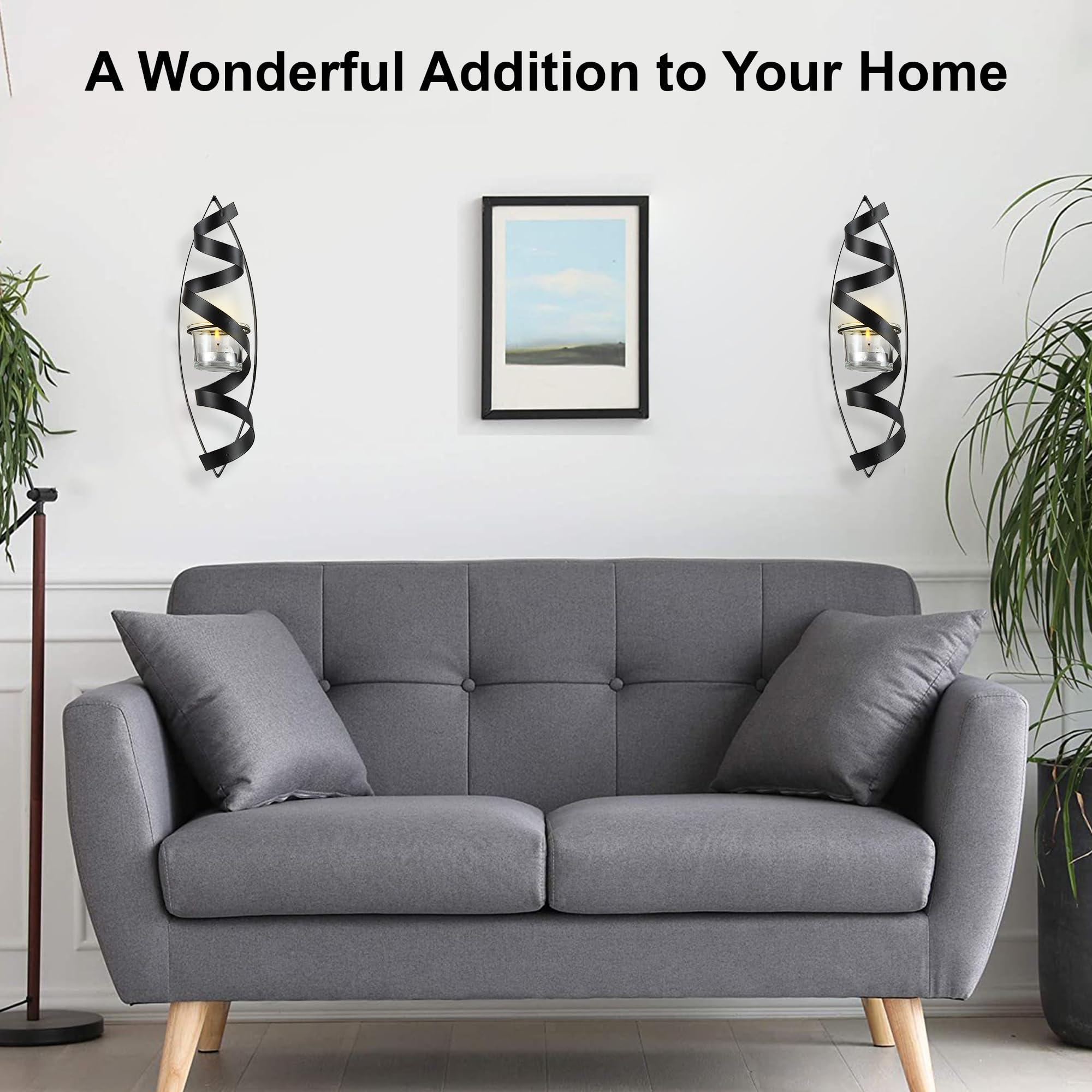 Lily's Home Lilys Home Tealight Candle Wall Sconces, Spiral Ribbon Iron Metal Art Decoration. Ideal for Wall, Hallways, Living Room.Fit for Wedding, Party and Daily Home Decoration.12 Inch Long. Black, Set of 2.