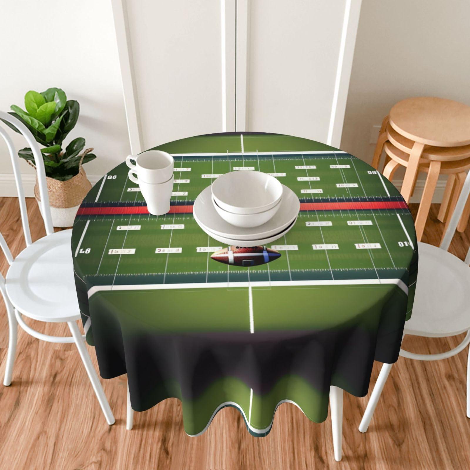 FRESQA American Football Field and Ball Round Tablecloth - 60 Inch Polyester Table Cloth Decorative Fabric Table Cover for Dining Table