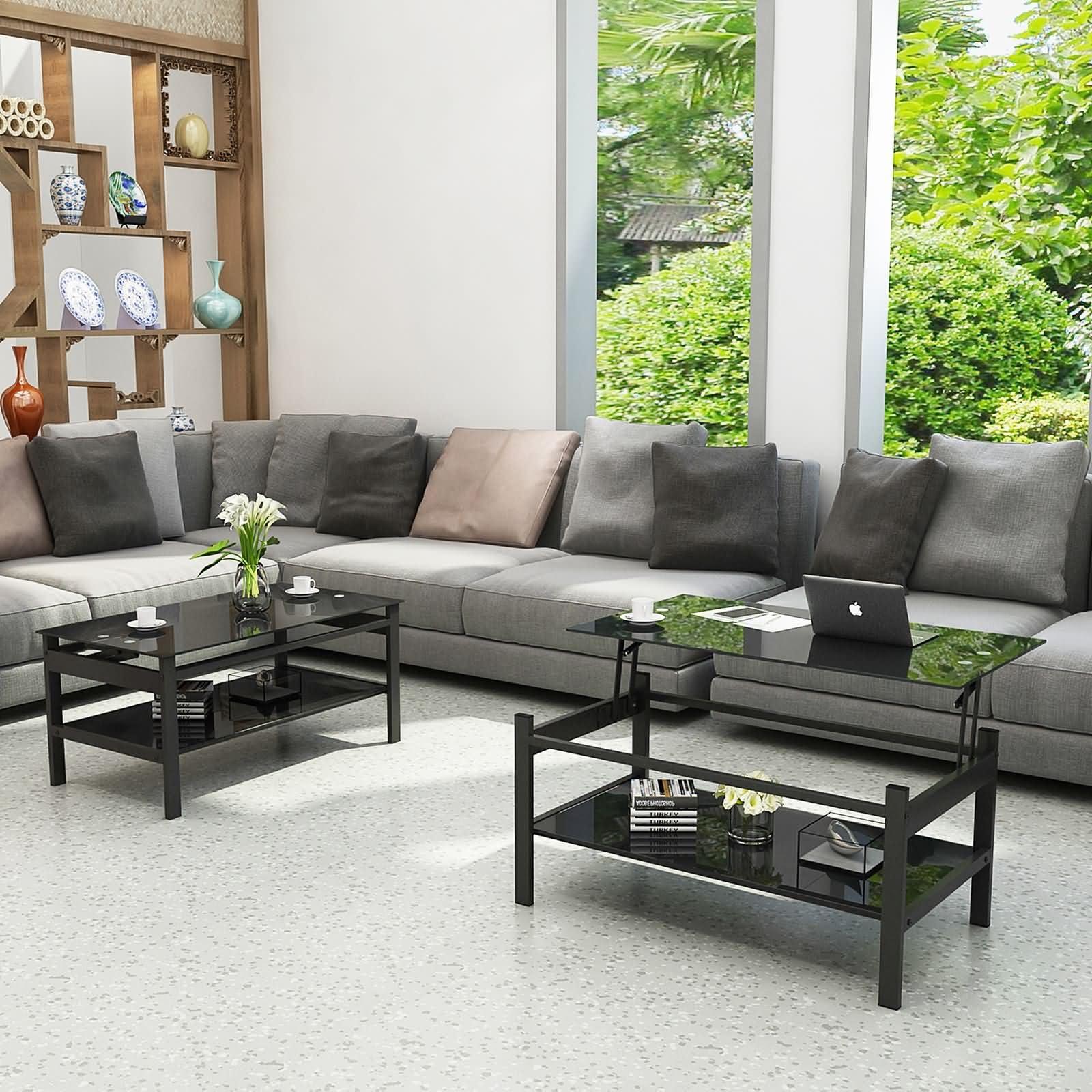 Mesnt Coffee Tables for Living Room, Glass Lift Top Coffee Table, Modern Simple 2-Layer Tempered Glass Coffee Table for Living Room, Black