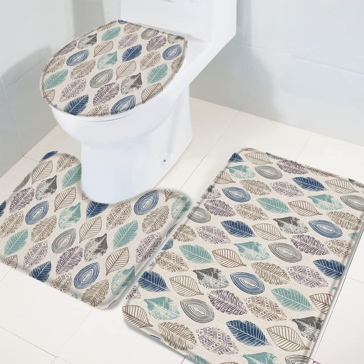 Houseown Houseown Farmhouse Bathroom Rugs Mat Sets 3 Piece, Leaves Specimens Blue Khaki Teal Purple Burlap Background Bathroom Decor Mat Set with Non-Slip Rug, Toilet Lid Cover and Bath Mat Accessories