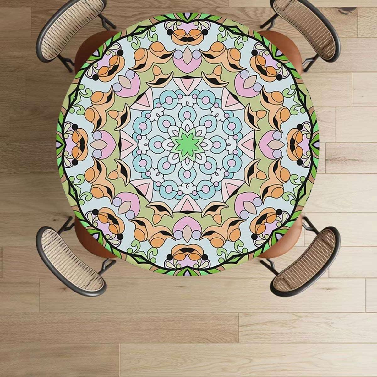 OOzie OOzie Light Pink White Fitted Tablecloth Round Eastern Traditional Floral Pattern Wooden Boards Oil Proof Waterproof Tablecloth for Picnic Party Floral Spirals Fits up 40\"-44\" Diameter Tables