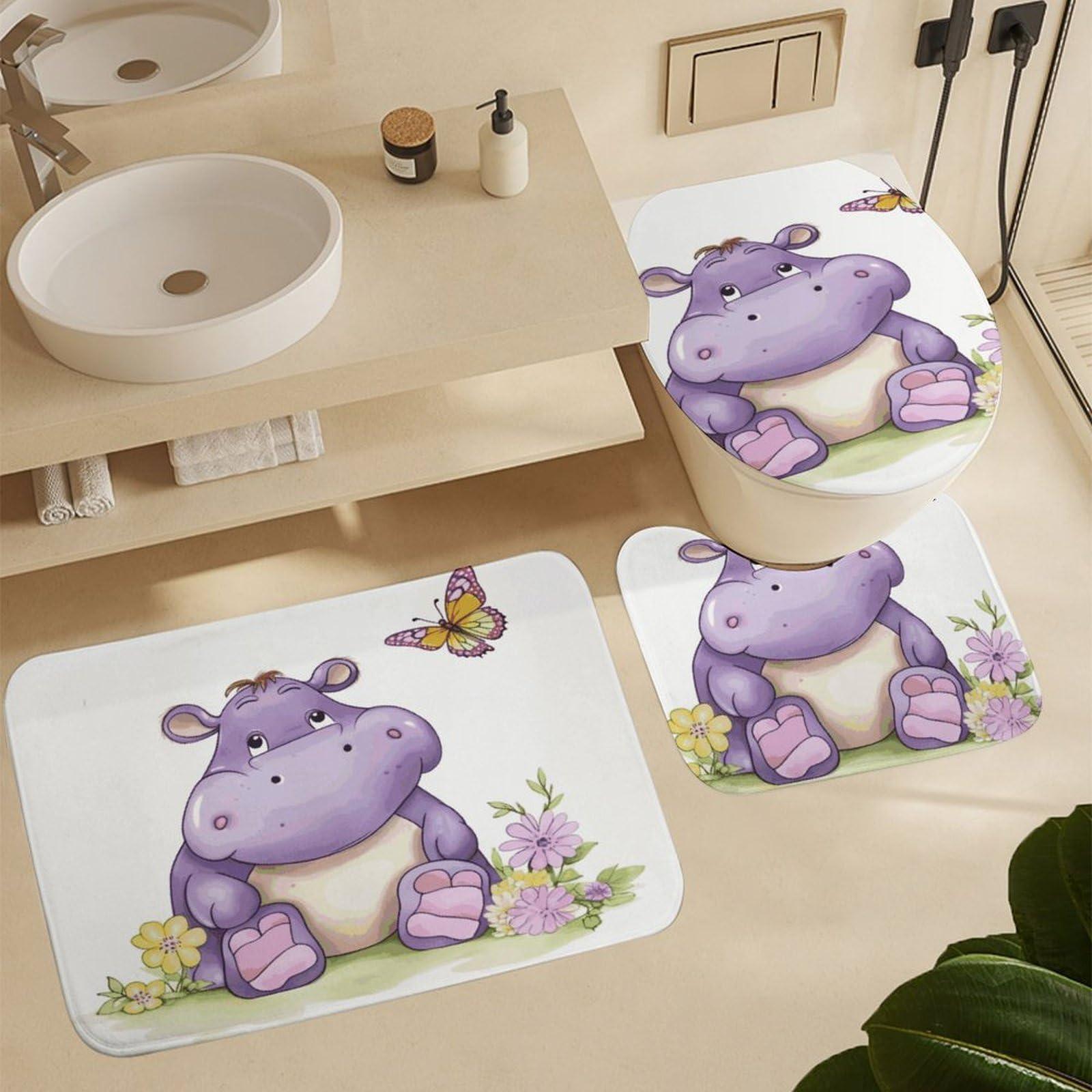 SLKFJEWT Bathroom Rug Butterfly and Hippo 3 Pieces Bathroom Rugs Bath Set Non-Slip Ultra Soft Carpet Mats Absorbent with U-Shaped Toilet for Toilet Bath Mat Set