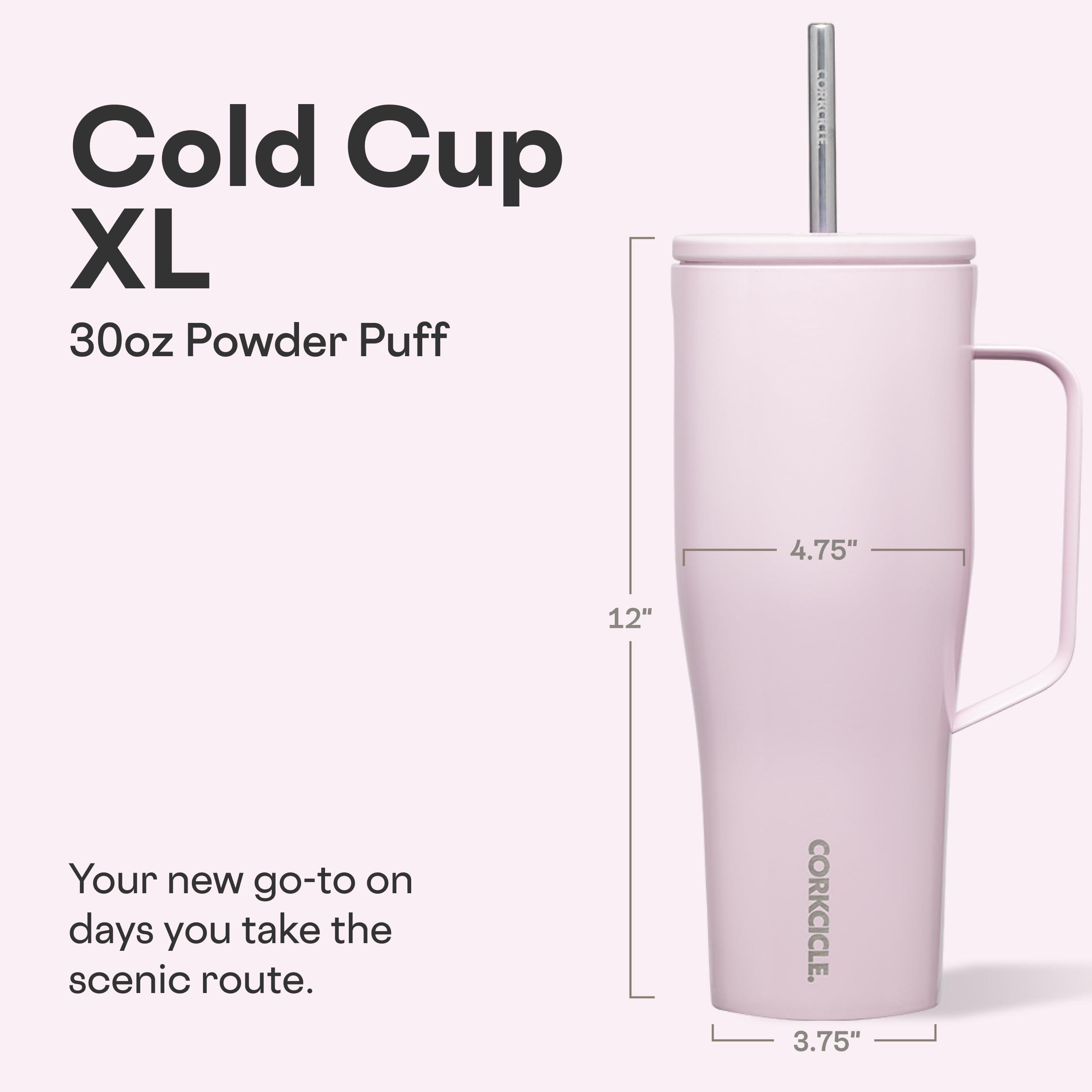 Corkcicle Corkcicle Cold Cup XL Insulated Tumbler with Handle, Lid, & Straw, Powder Puff, 30 oz Reusable Cupholder Friendly Water Bottle Keeps Drinks Cold 12hrs