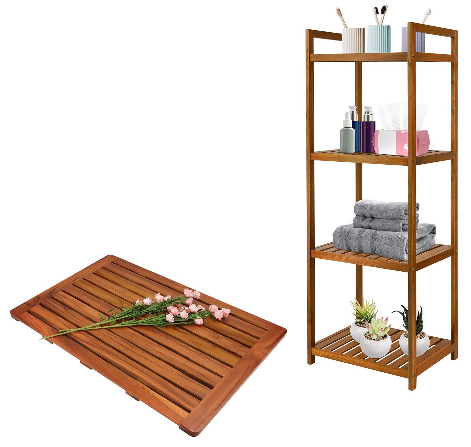 Utoplike Utoplike (32\" x 18\") Teak Wood Bath Mat and Teak Wood Bathroom Shelf Organizer Freestanding Set