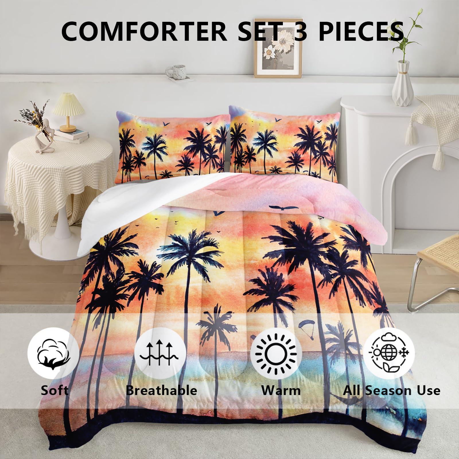 Axolotl Axolotl Beach Ocean Comforter Set Full,Coastal Beach Themed Bedding Set with Palm Trees Parachute for Girls Boys Kids Teens Adults Bedroom Decor,1 Hawaiian Comforter and 2 Pillowcases,Rainbow