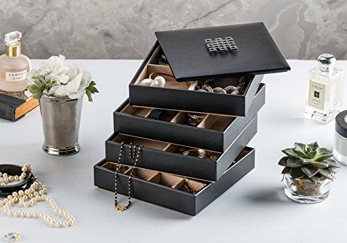 Glenor Co Glenor Co Jewelry Organizer Tray - 4 Stackable Trays & Lid with Mirror - 27 Slot Storage for Drawer, Dresser - Black