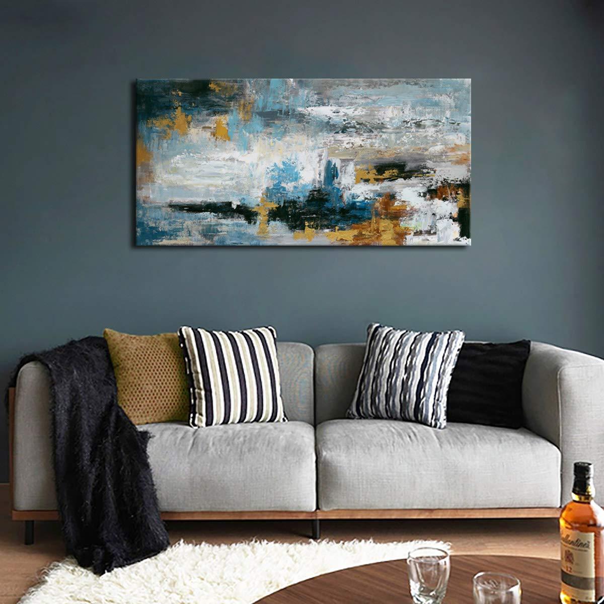 yearainn Abstract Wall Art Large Canvas Picture Modern Blue Grey Brown Artwork on Canvas Prints Wall Decoration for Living Room Bedroom Bathroom Kitchen Office Home Wall Decor Framed Ready to Hang 24" x 48"
