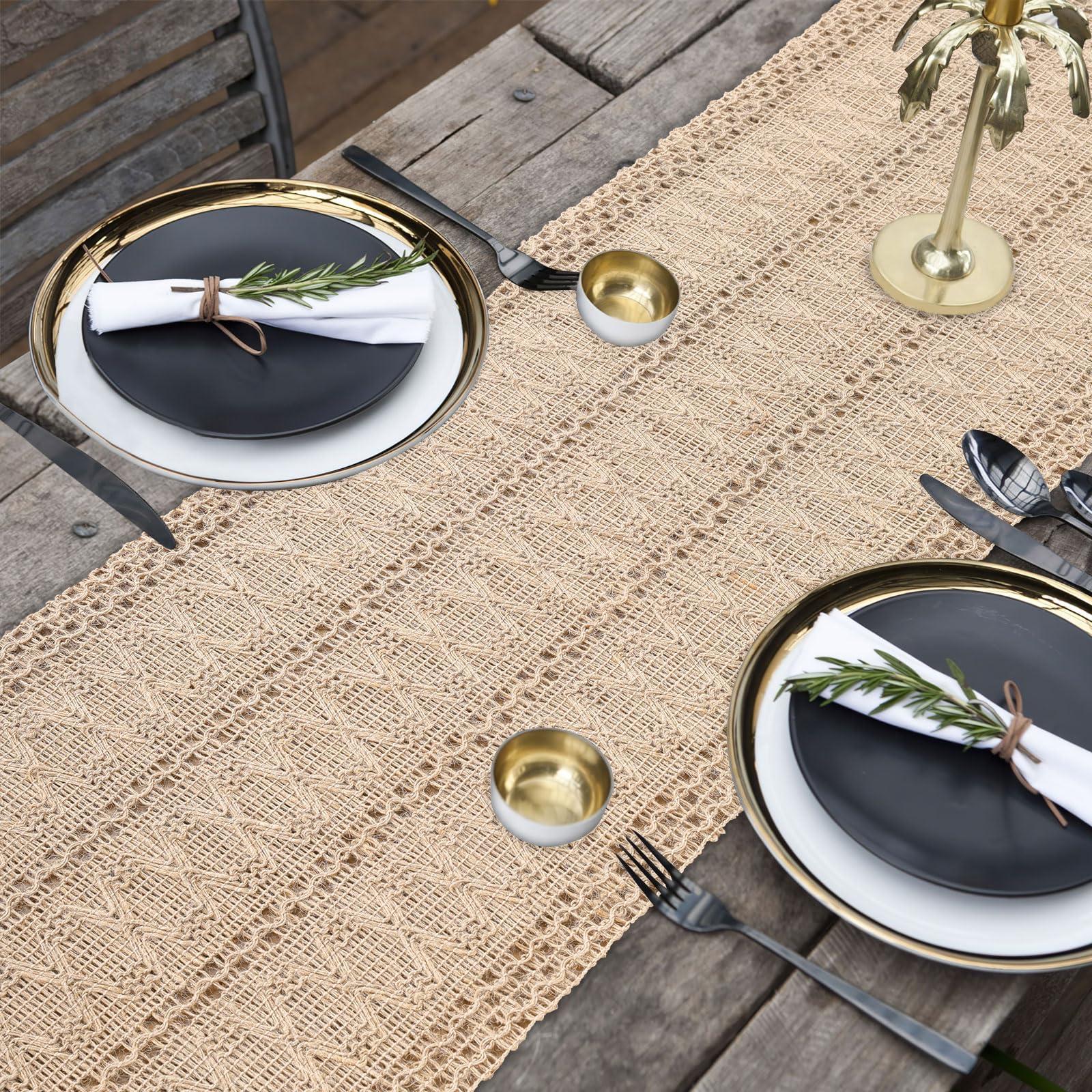 B-COOL B-COOL Burlap Boho Table Runner: Woven Boho Table Runner Macrame Farmhouse Table Centerpieces for Dining Room Decor (13x108 Inches)