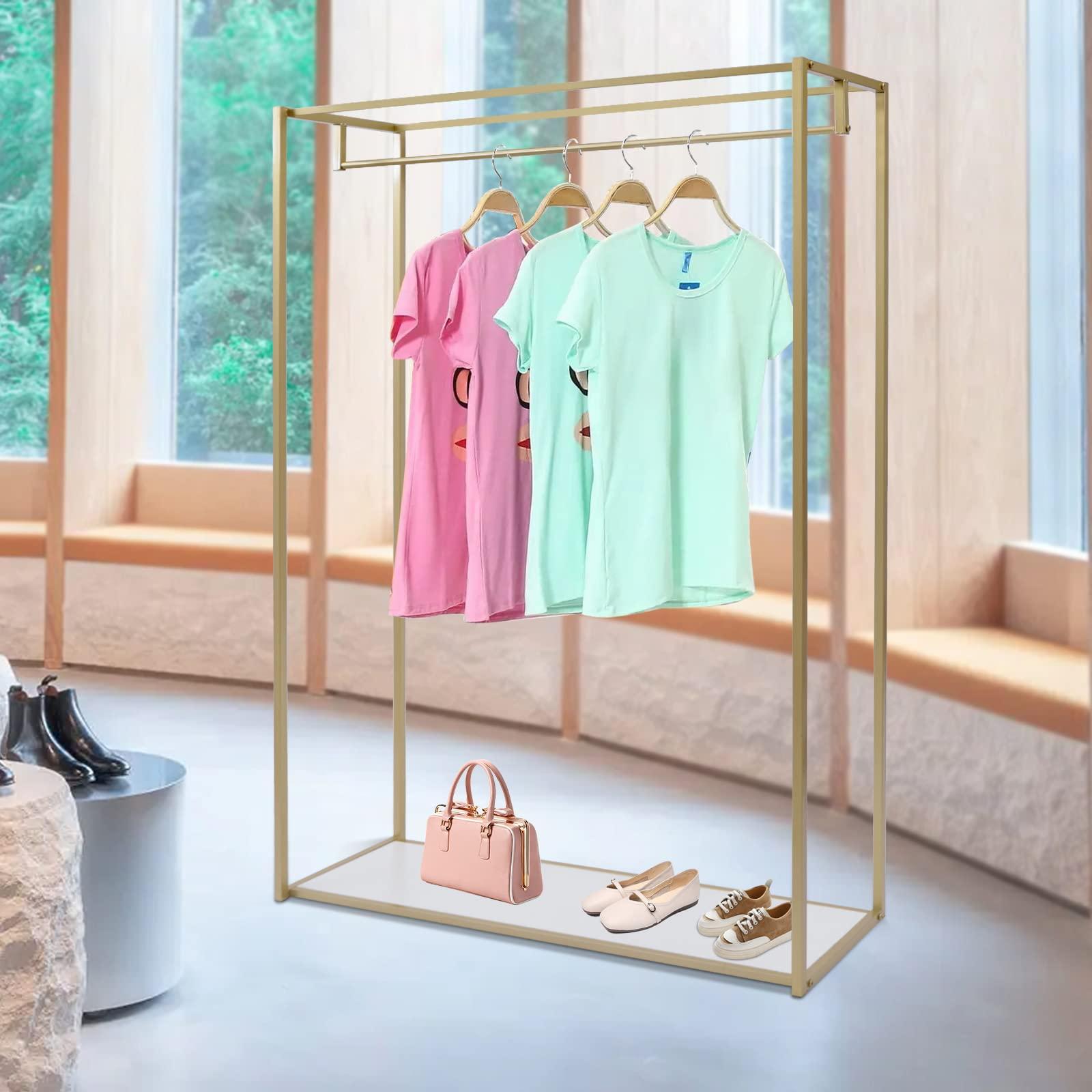 OSKOE 75"Retail Gold Clothing Racks with Shelves,Boutiques Garment Rack Wedding Dress Display Rack Metal Clothes Rack Heavy Duty Commercial Floor Standing Closet Hanging Rod Shoes Bag Clothes Organizer ( Co