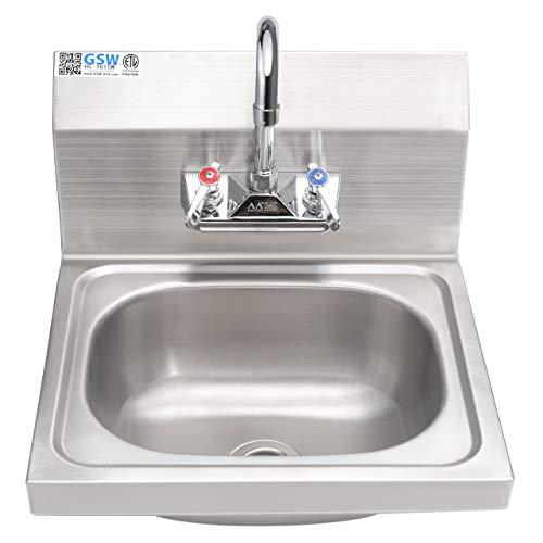 ACE Equipment ACE Stainless Steel Wall Mount Hand Sink with 4\" Gooseneck Faucet and Strainer, Overall Size: 15-3/4\"W(Left to Right) x 15\"L(Front to Back) x 13-3/4\"H, HS-1615W