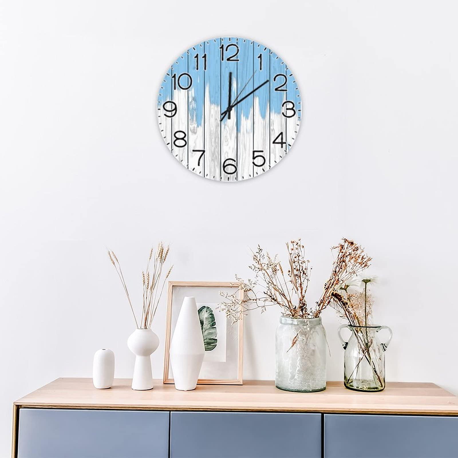 HomeLoft Basics Modern Wood Hanging Wall Clock Dripping Blue Paint on a White Wood Background Non-Ticking Silent Wall Clocks with Numerals Battery Operated Decorative for The Living Room Kitchen Bedroom She1089