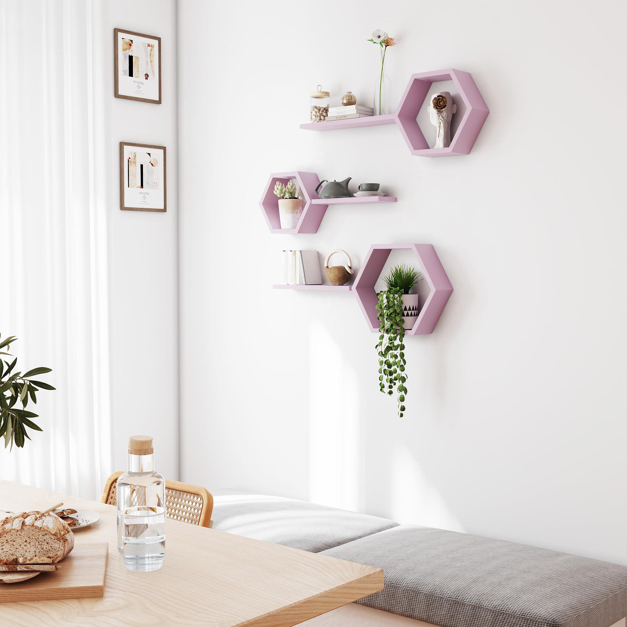LUDORU LUDORU Wooden Hexagon Floating Shelves Wall Mounted,Set of 6 Pine Hexagon Shelves Display for Photos,Plants,Rustic Honeycomb Shelves for Living Room,Bedroom,Bathroom, Kitchen, Office Decor, Pink