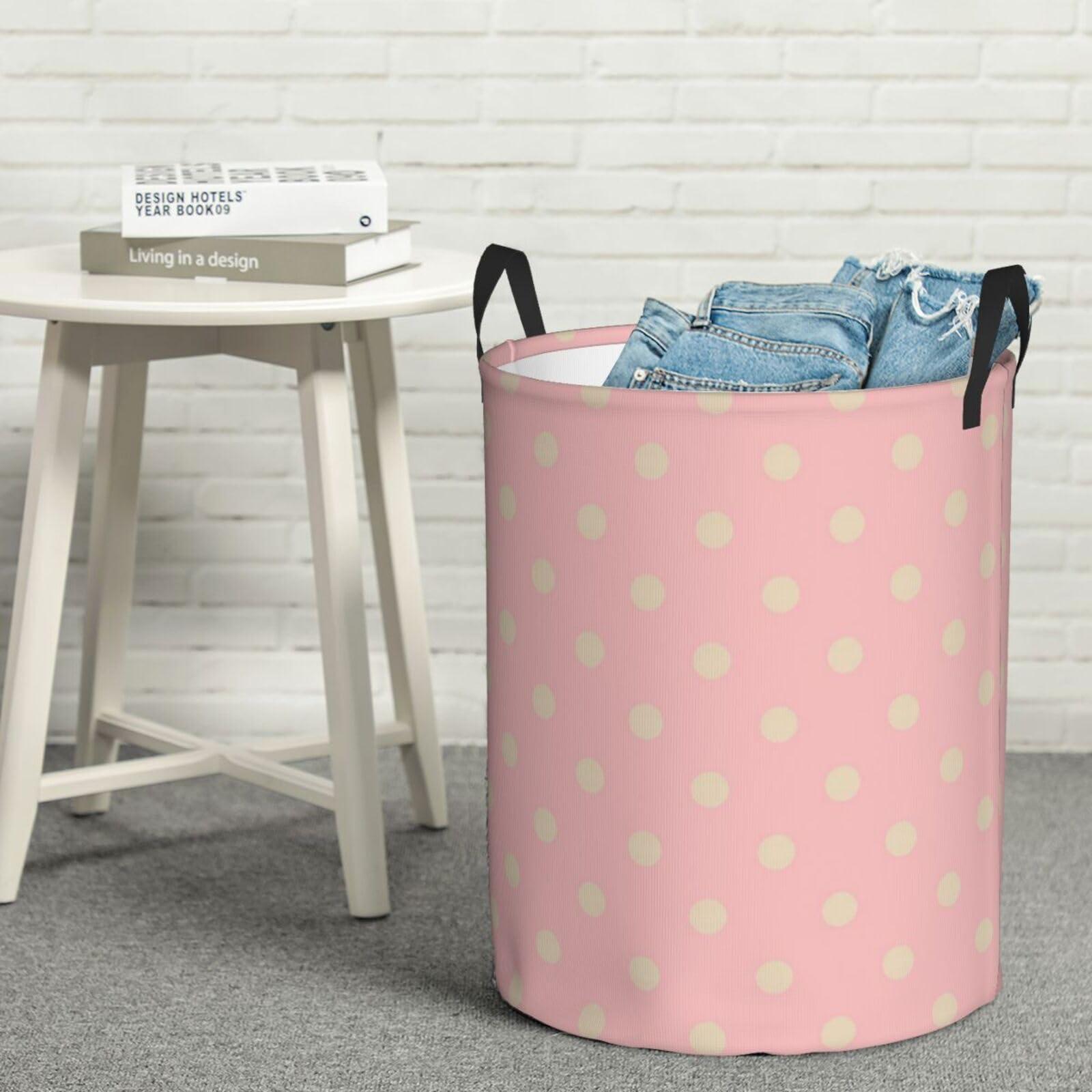 EdNeY Retro Beige Polka Dot Pink Laundry Hamper with Durable Handle Waterproof Foldable Laundry Basket Circular Dirty Clothes Storage Basket for Home Bathroom Office Nursery
