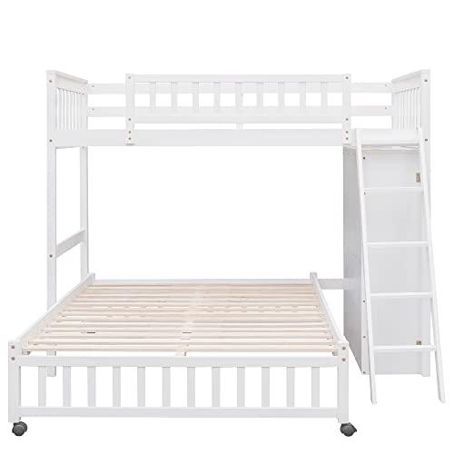 Brabrety Twin Over Full Wooden Bunk Bed with Six Drawers and Three Flexible Shelves, Bottom Platform Bed with Wheels can Movable.Suitable for children\'s and teenagers\' bedrooms or dormitories (White#V)