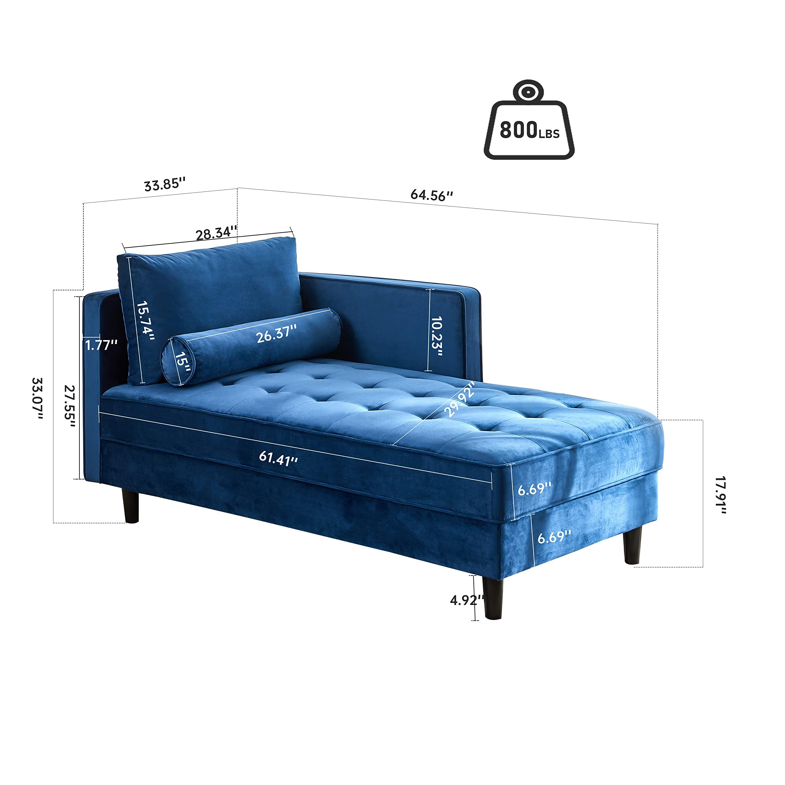 BAMOOLI BAMOOLI 64\'\' Velvet Chaise Lounge Indoor, Modern Longue Chair Upholstered Chaise Longue with Support Pillow, Button Tufted Seat Cushion, Sleeper Sofa Recliner for Bedroom, Living Room, Apartment, Blue