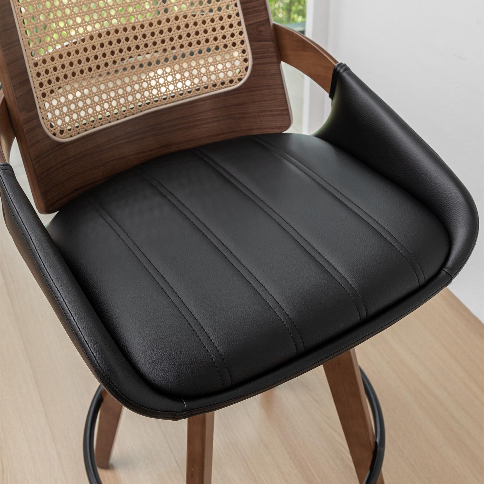 KUNZENT Set of 2 Swivel Rattan Counter Stools - 26.4 inch Mid Century Modern Bar Stools with Cane Back, Upholstered Seat, Curved Arms, Faux Leather Bar Stools for Kitchen/Island/Counter (Walnut Black)