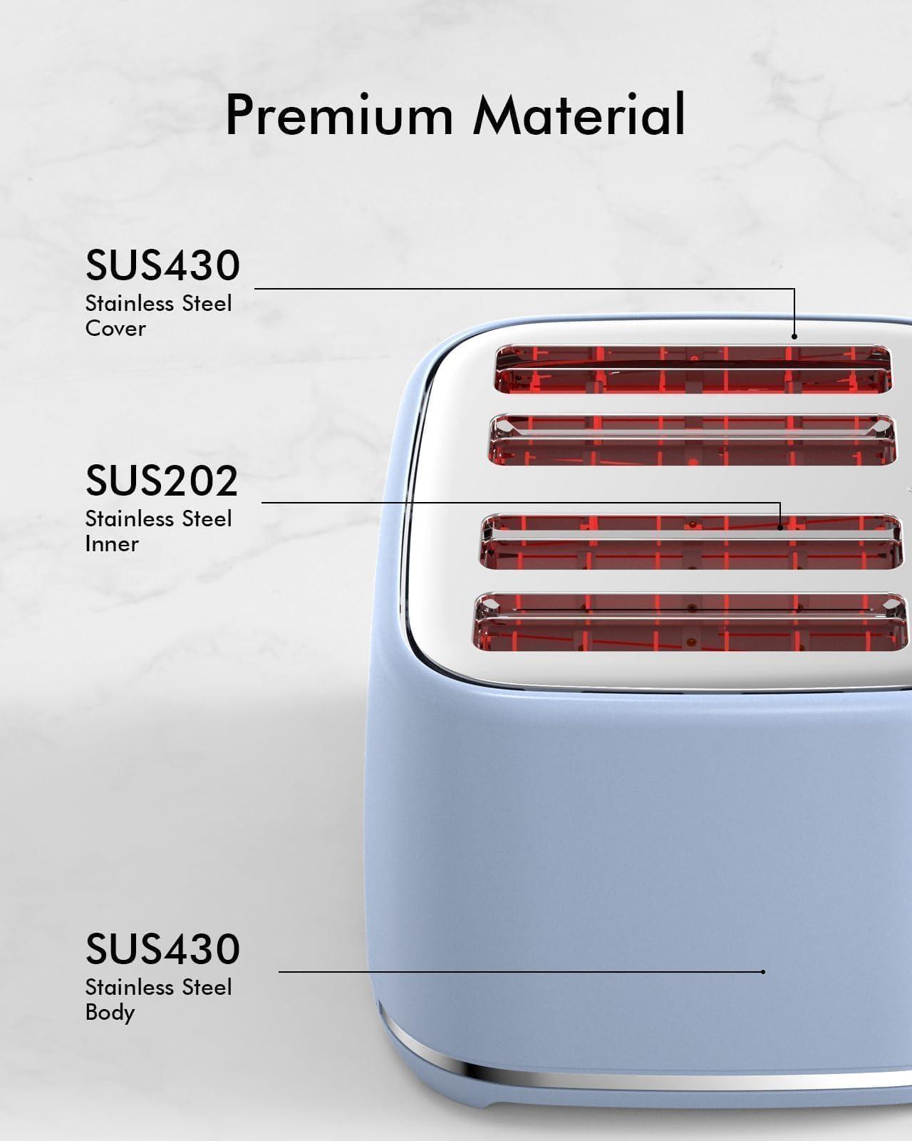 LONGDEEM LONGDEEM Toaster 4-Slice, Retro-Styled Stainless Steel, Wide Slot Bagel Toaster, Dual Independent Controls, Removable Crumb Tray, Easy to Clean, 6 Shade Settings, Reheat & Defrost, Blue