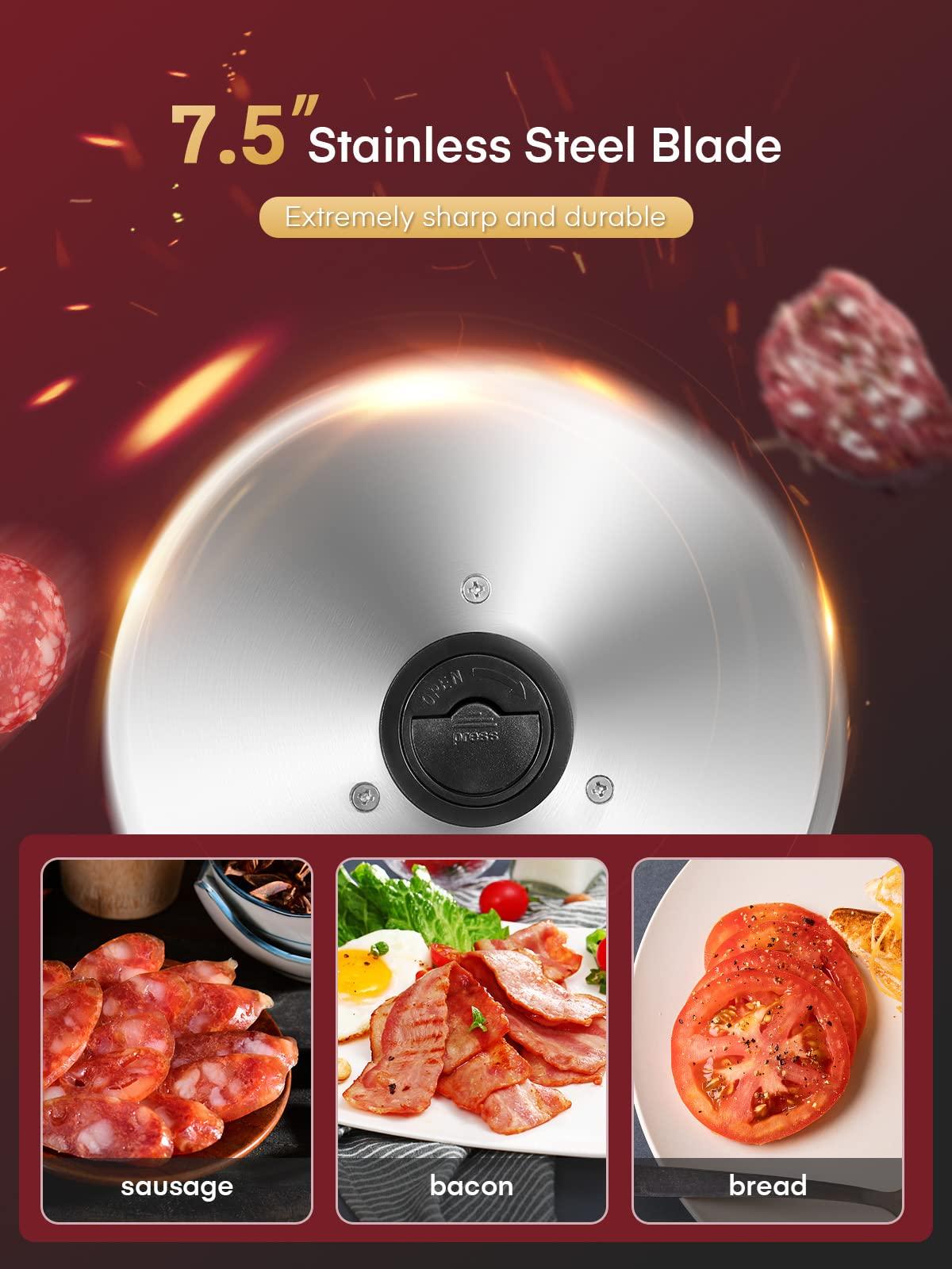 FOHERE FOHERE Meat Slicer for Home Use, 200W Electric Deli Food Slicer with Removable Two 7.5 Blades, 0-15 Precise Thickness Knob Cut Deli Food, Meat Ham Bread Fruit, Include Food Carriage, Black