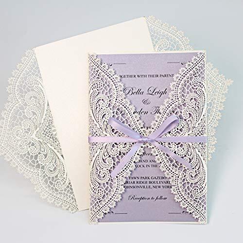Picky Bride Picky Bride 25-Pack Lavender Purple Wedding Invitations with Ribbon Bow and Envelopes, 5x7 Invite Cards for Wedding/Bridal Shower/Birthday Party, 125 x 185mm (Purple)