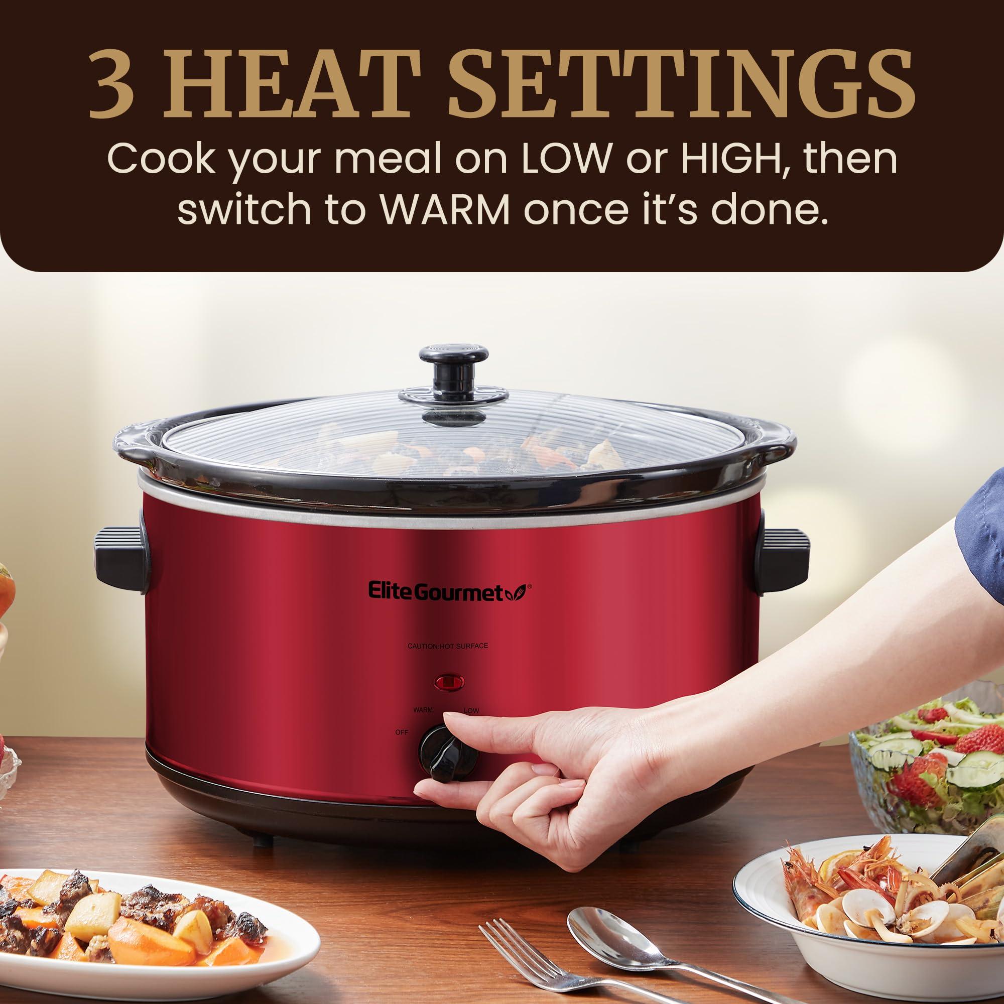 Elite Gourmet Elite Gourmet MST-900RXT# Electric Ceramic XL Jumbo Slow Cooker, Adjustable Temp, Entrees, Sauces, Stews & Dips, Dishwasher Safe Glass Lid & Crock, 8.5Qt, MetallicRed