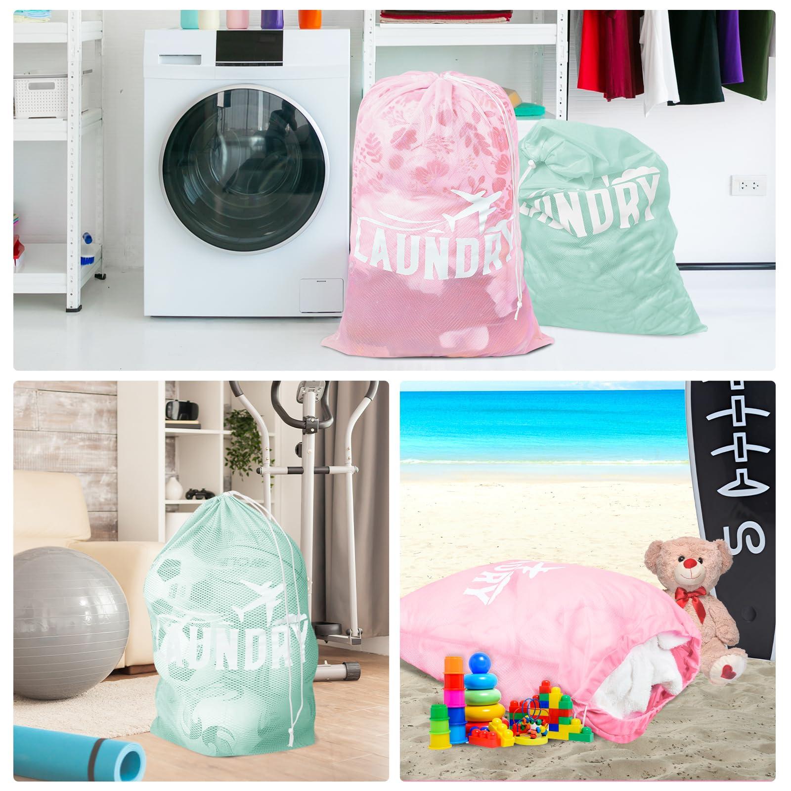 Fiodrimy 2 Pack Large Mesh Laundry Bag, Heavy Duty Laundry Bags with Drawstring, Laundry Hamper Liner, Machine Washable, for Travel, Storage, Sports, Dorms and Apartment Dwellers, 24 x 36 Inches (Pink+Green)