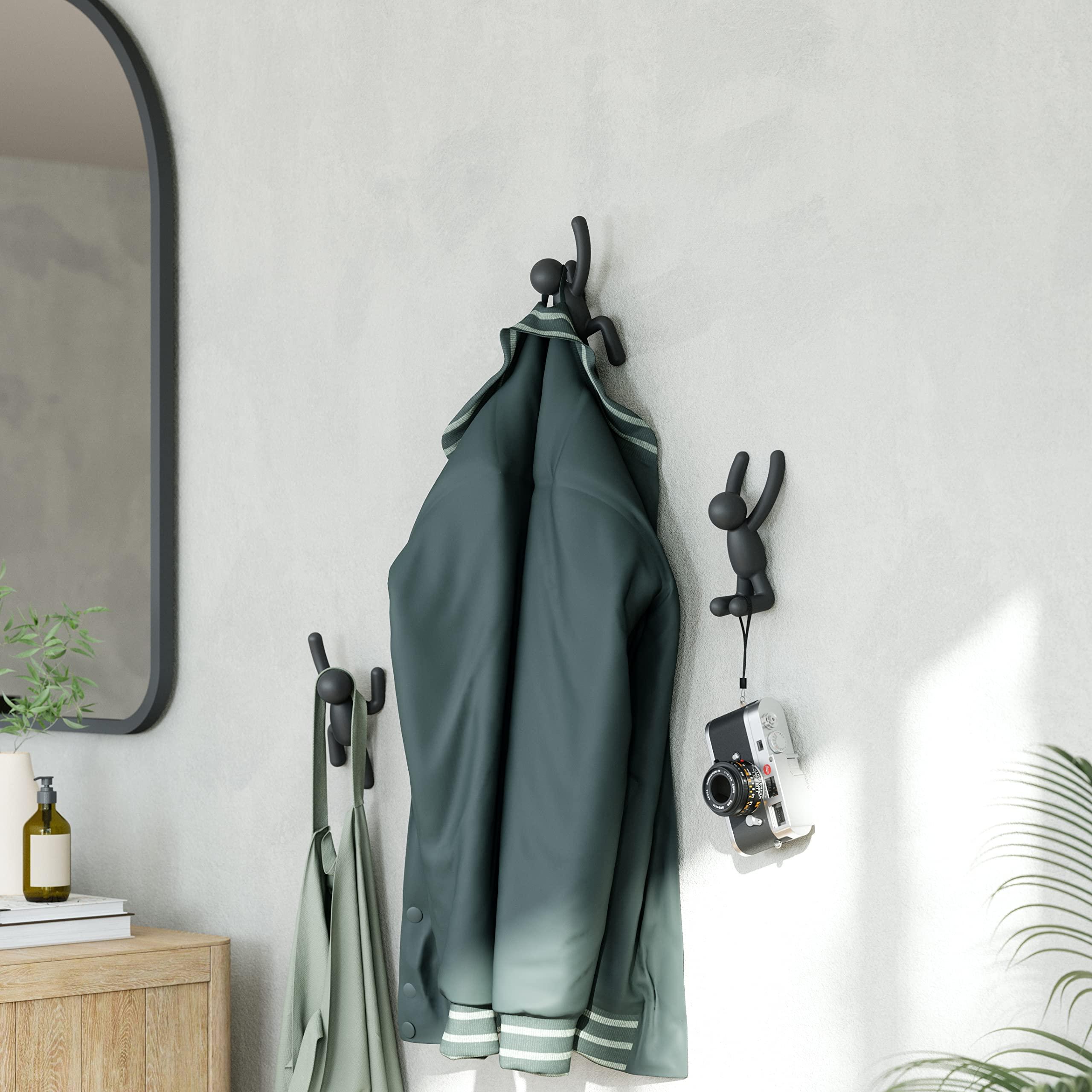 Umbra Umbra Buddy Wall Hooks Decorative Wall Mounted Coat Hooks for Hanging Coats, Scarves, Bags, Purses, Backpacks, Towels and More, Set of 3, Black