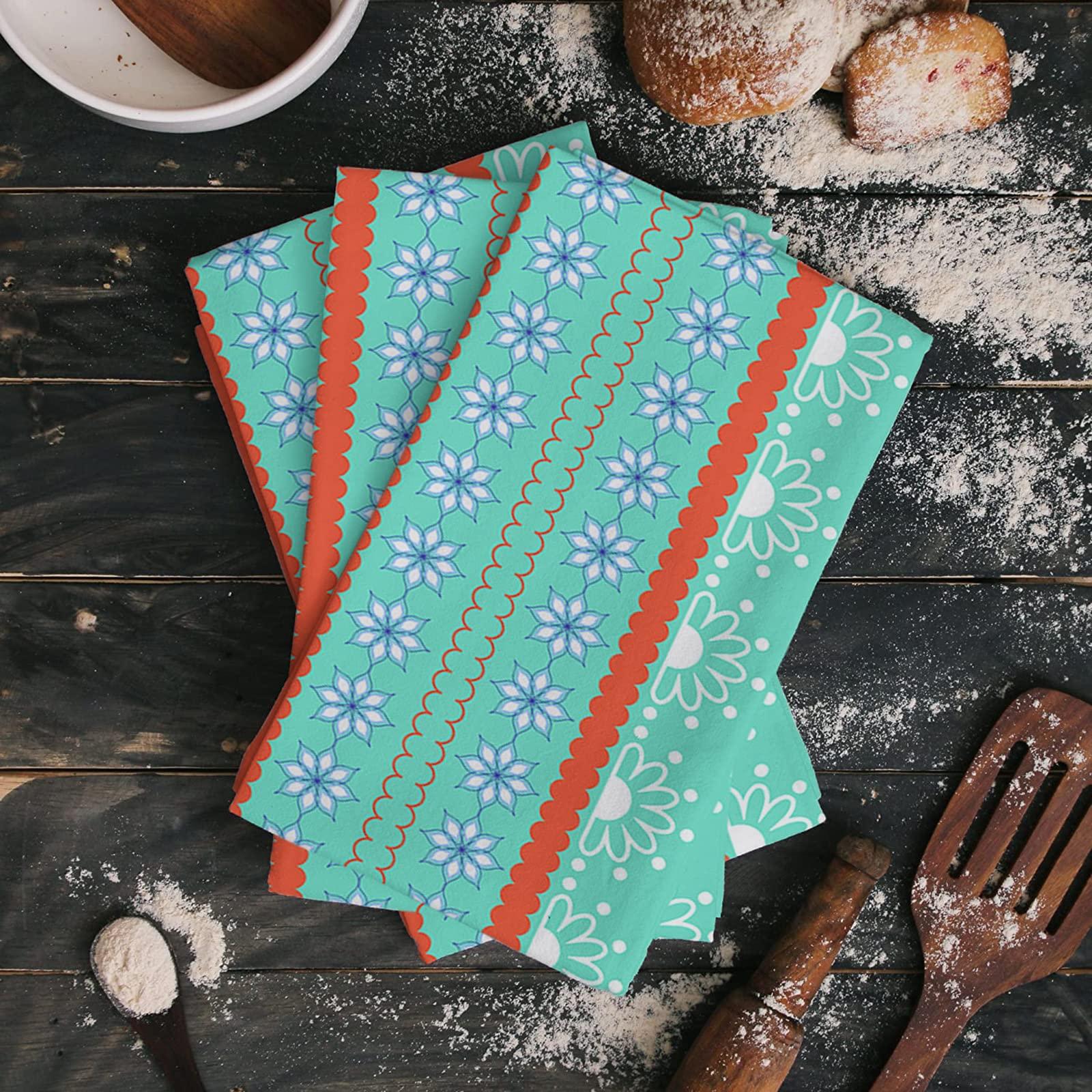 Smile Sunflower Kitchen Towels Microfiber Cleaning Cloths, Boho Flower Gemetric Teal/Turquoise Orange Stripes Soft Dish Towels for Kitchen, Pack of 4 Absorbent Hand Towels Reusable Tea Towels,Bar Towels,18x28 Inch