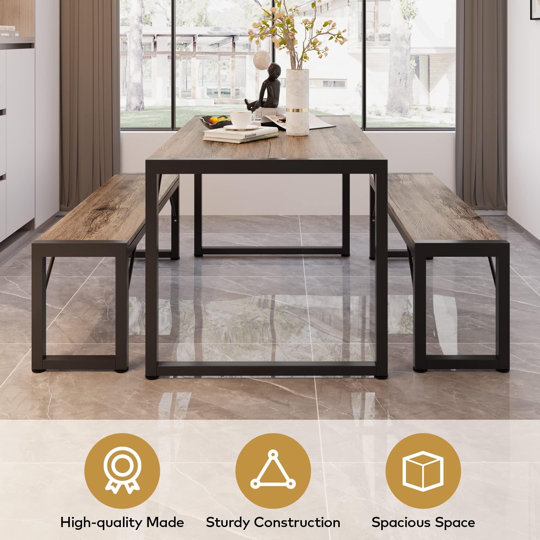 Gizoon Gizoon 45.5\" Dining Table Set for 4, Kitchen Table Set with 2 Benches, Dining Room Table Set with Metal Frame & MDF Board, Space-Saving Dinette for Kitchen, Dining Room -Grey