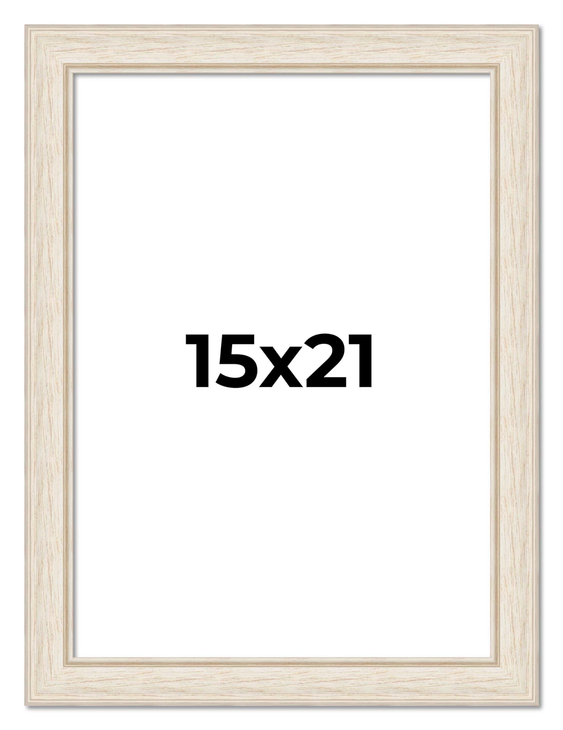 CustomPictureFrames.com 15x21 Frame White Wash Rustic Cream Picture Frame | 1.75 Inch Moulding Width | Complete with UV Acrylic Plexiglass, Foam Board Backing & Hanging Hardware