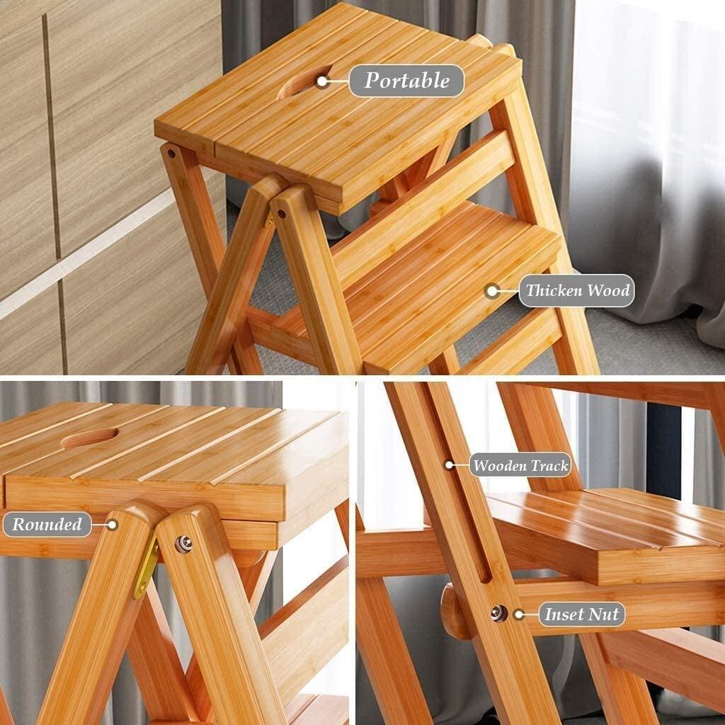 Katzowen Home Folding Step Ladder Stool Folding Step Stool,Bamboo Step Ladder Stool Folding Stepladder, 4 Steps, Folding Design Ladder with Anti-Slip Feet (Color : Wood Color)