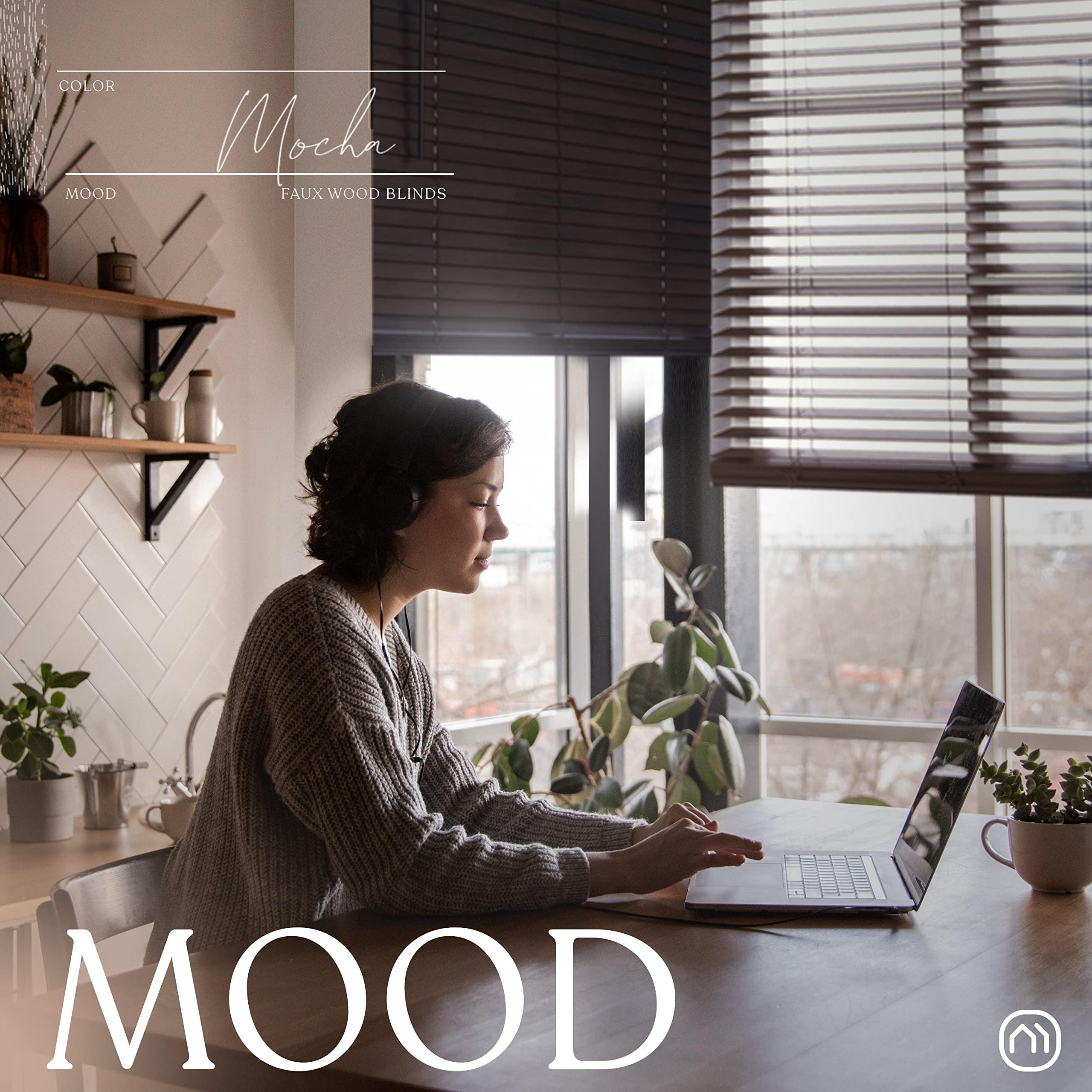 Mood MOOD Architectural 2.5" Faux Wood Window Blinds | Driftwood Brown 2.5 inch Mocha Wooden Blinds | 46.5 inch Wide Blinds for Windows | Custom Made Cordless Blackout | Mocha | 46.5" Wide x 72" Tall