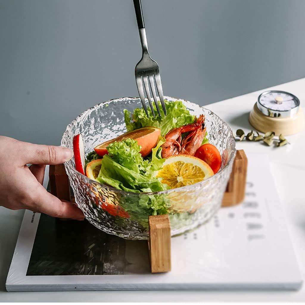 VIORED Creative Salad Bowl Salad Bowl Glass Transparent Hammer Pattern Home Vegetable Fruit Dessert Bowl Crystal Salad Bowl with Wooden Stand Dessert Snack Serving Bowls (Color : B2pc)