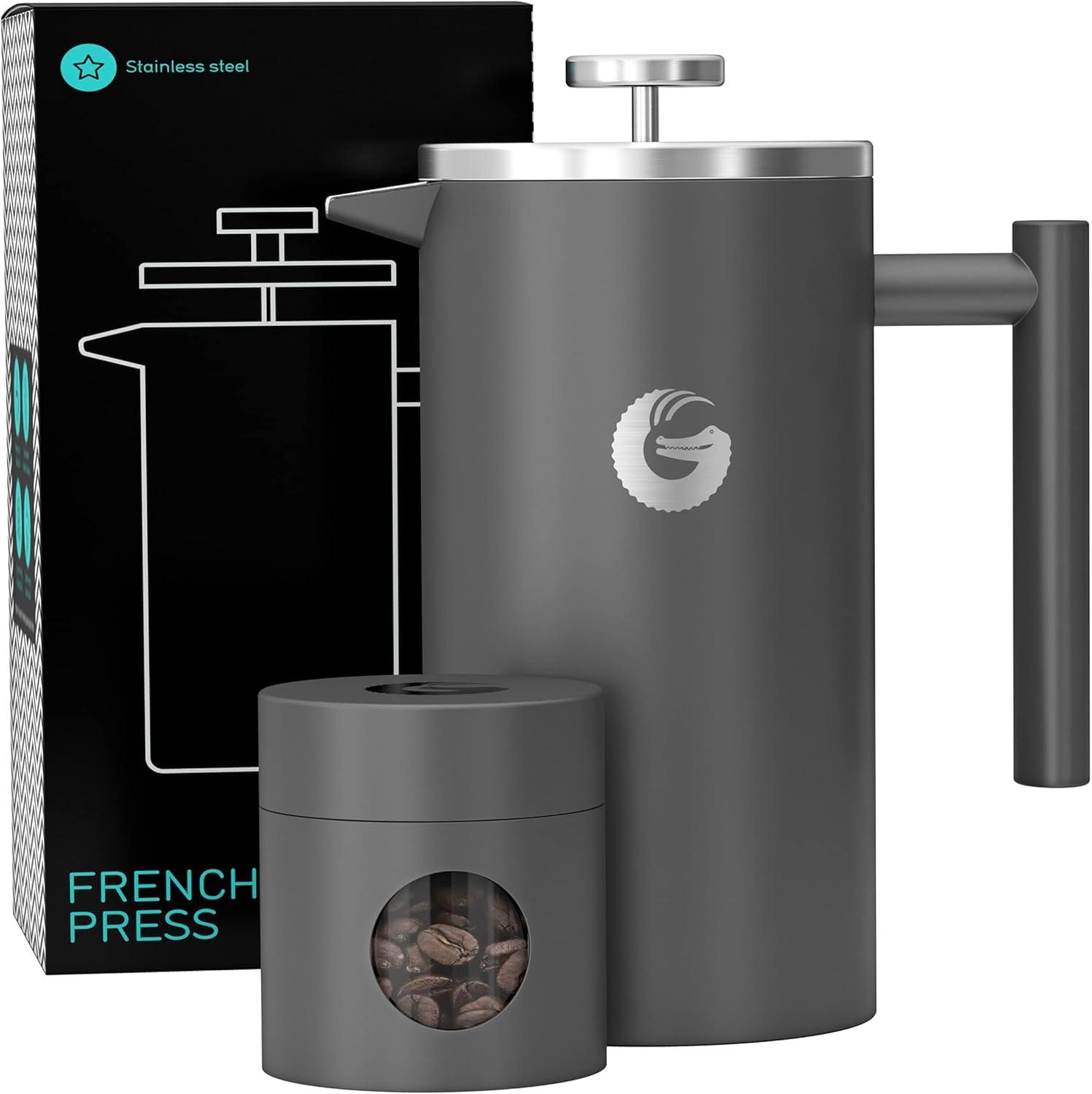 Coffee Gator Coffee Gator French Press Coffee Maker - 34ozThermal Insulated Brewer Plus Travel Jar - Large Capacity, Double Wall Stainless Steel - Gray
