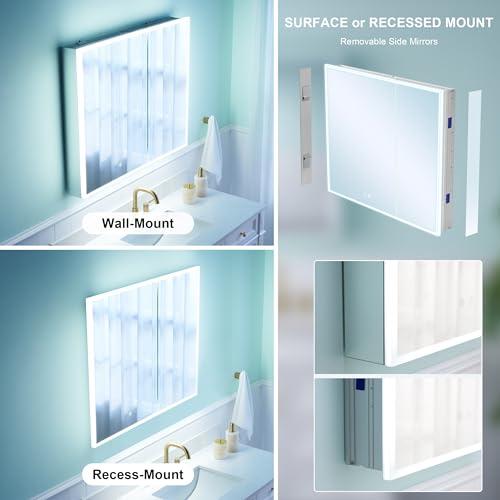 WELLFOR WELLFOR 30\" X 30\" Medicine Cabinet with Lights, 3X Magnification, Anti-Fog Mirrored Cabinet, Bathroom Vanity Medicine Cabinet with Outlets & USB Ports, Double Doors