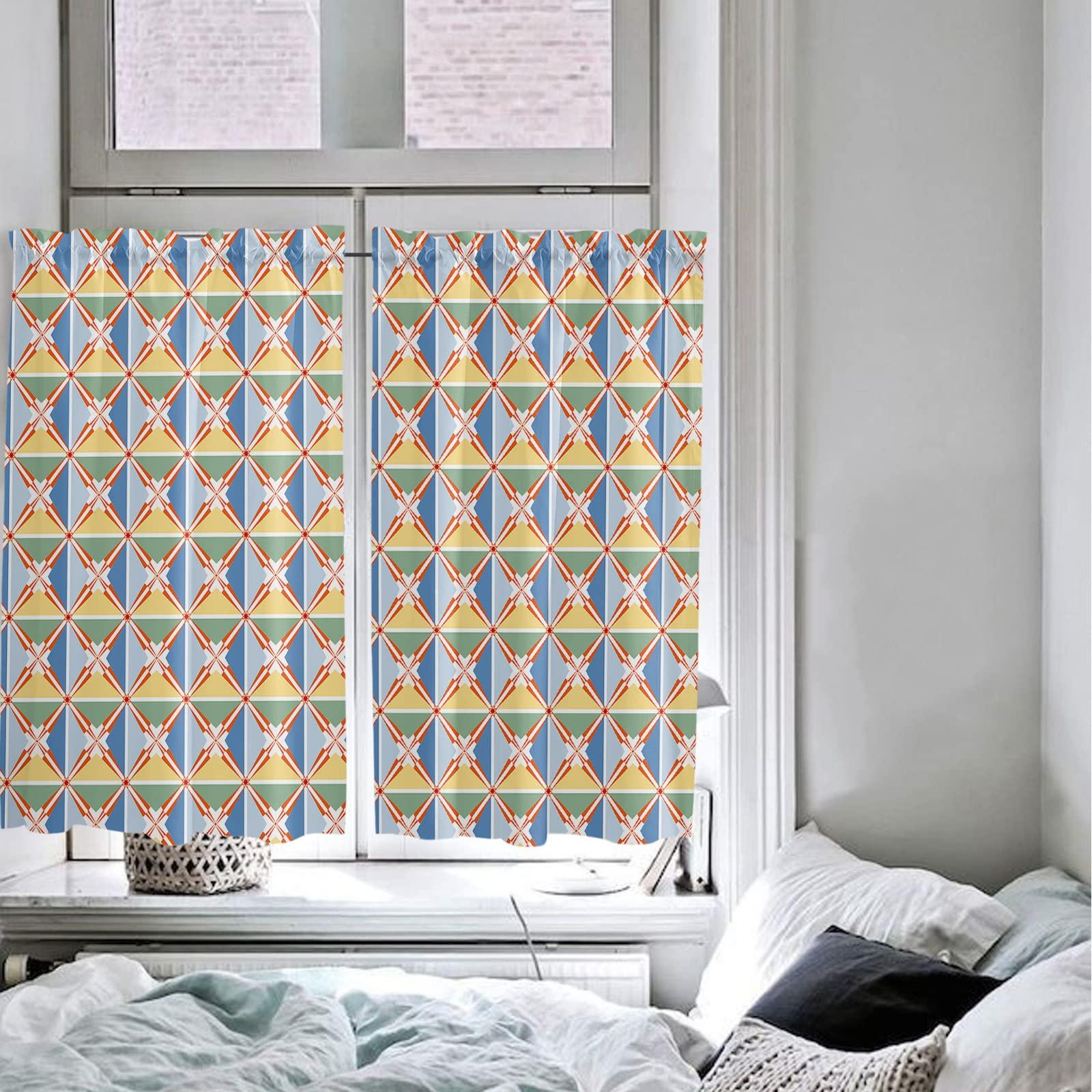 Wowouhiya Kitchen Curtains 54 Inch Length, Blue Teal Yellow Plaid Farmhouse Curtains & Drapes, Modern Red Geometric Checkered Art Rod Pocket Window Curtains for Living Room/Bedroom/Bathroom, 42" x 54", 2 Panels