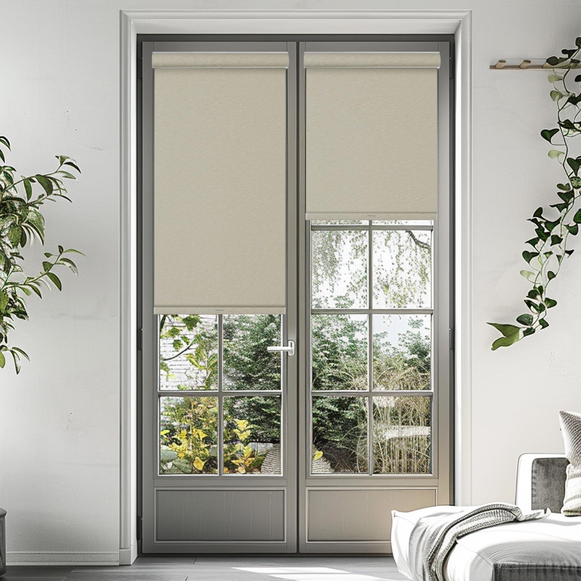 Doing-X Doing-X Roller Blinds for Window Striped Jacquard Fabrics 100% Blackout Roller Shades with Heat Insulation Cordless Roll up Window Blinds for Office Home Easy to Install,47" W x 36" H,Beige