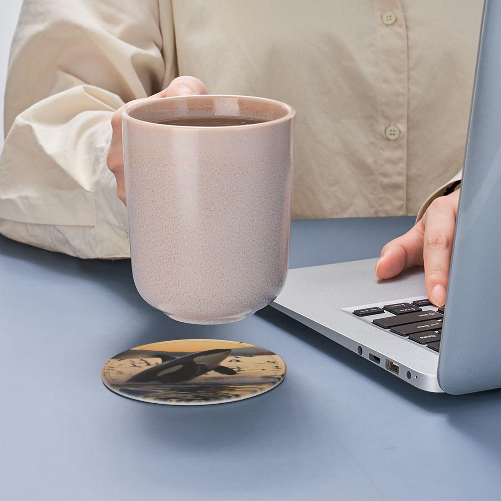 ZLYYXY Stylish Coasters - Killer Whale Set of 6 Round Leather Drink Coasters with Holder - Perfect Size for Cups and Glasses