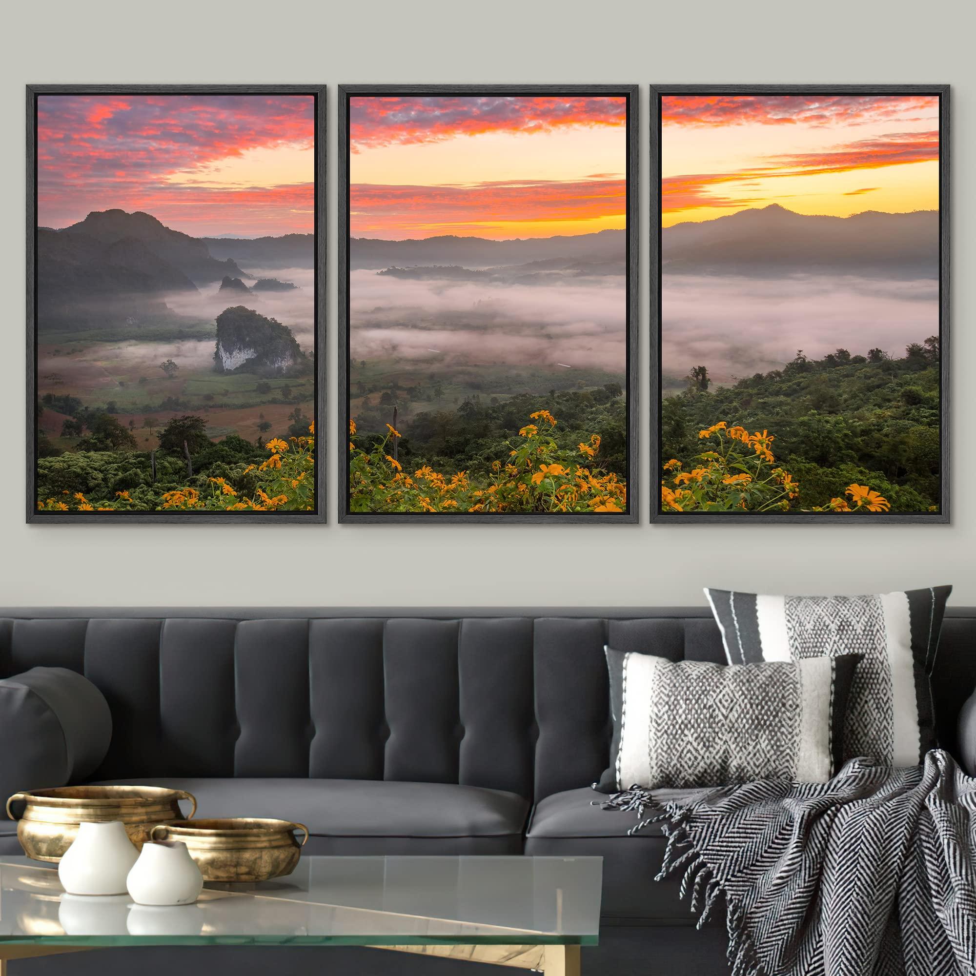 SIGNWIN SIGNWIN Framed Canvas Print Wall Art Set Sunset Sky Over Autumn Mountain Range Rustic Nature Photography Realism Decorative Wilderness Calm/Zen for Living Room, Bedroom, Office - 24"x36"x3 Black