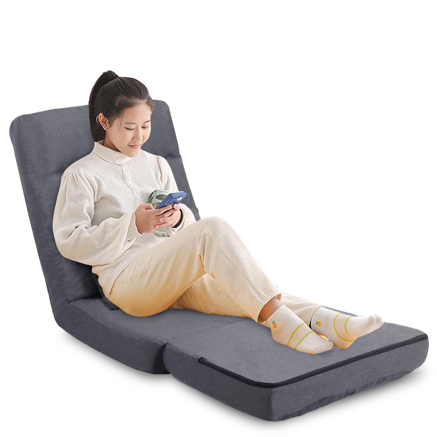 FLOGUOR FLOGUOR Chaise Lounge Indoor, 14-Position Floor Chair with Padded Pillow for Adults Kids, Folding Lazy Sofa Chair for Living Room, Bedroom, for Gaming Reading 8823GR