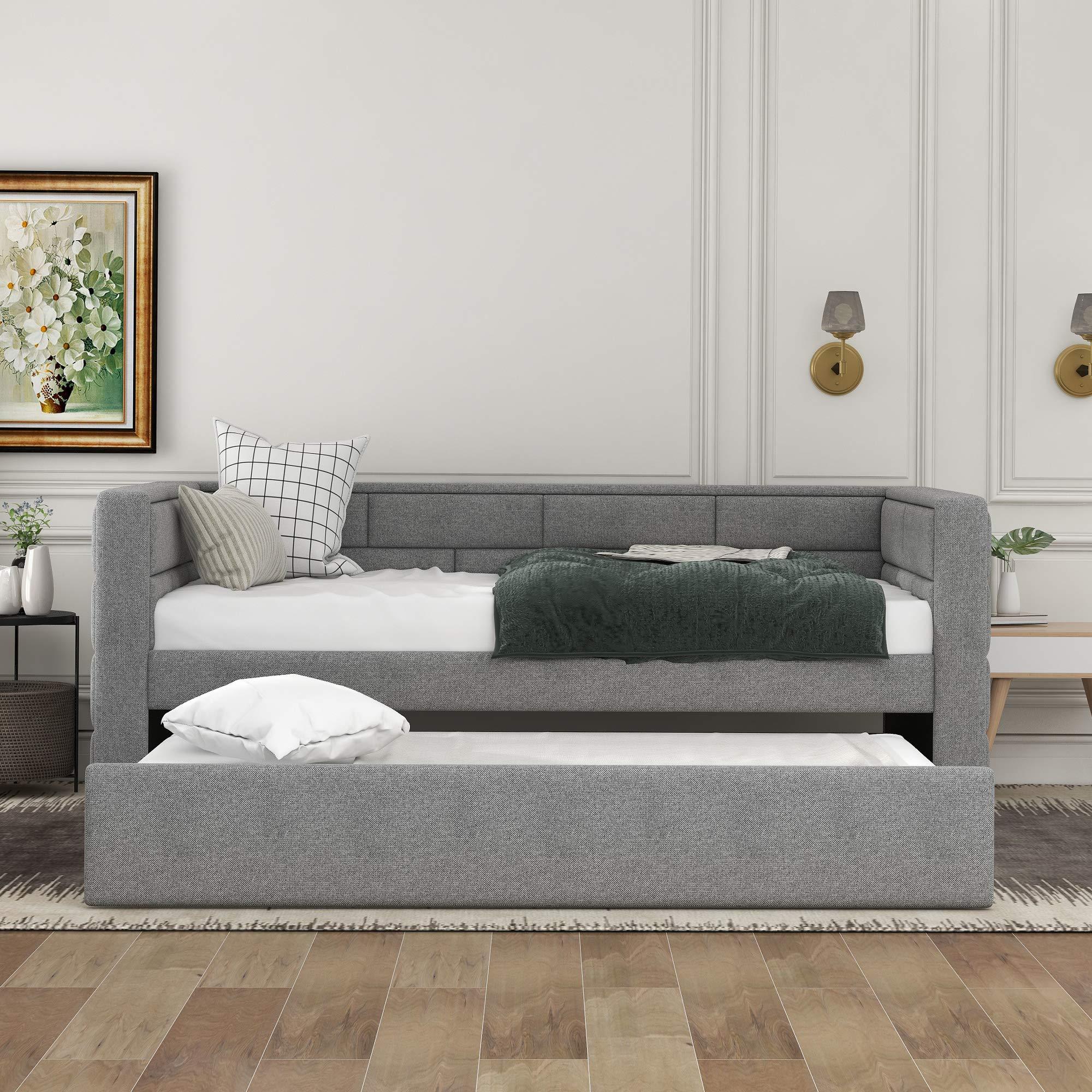 Flieks Flieks Upholstered Daybed with Trundle, Twin Size Upholstered Daybed Sofa Bed with Padded Back and Wood Slat Support, Grey