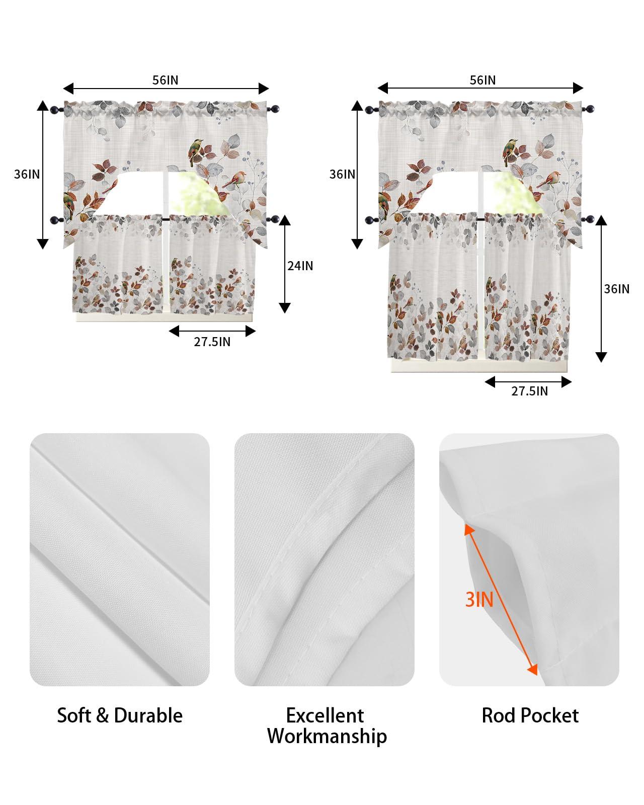 Onekaccu Country Bird Leaf Swag Curtains Valance Tier Set, Rod Pocket Curtain Drapes for Bedroom Bathroom Over Sink Kitchen Curtains 3 Piece Set Fall Botanical Rustic Orange Grey Swag Valances 24 inches Tiers