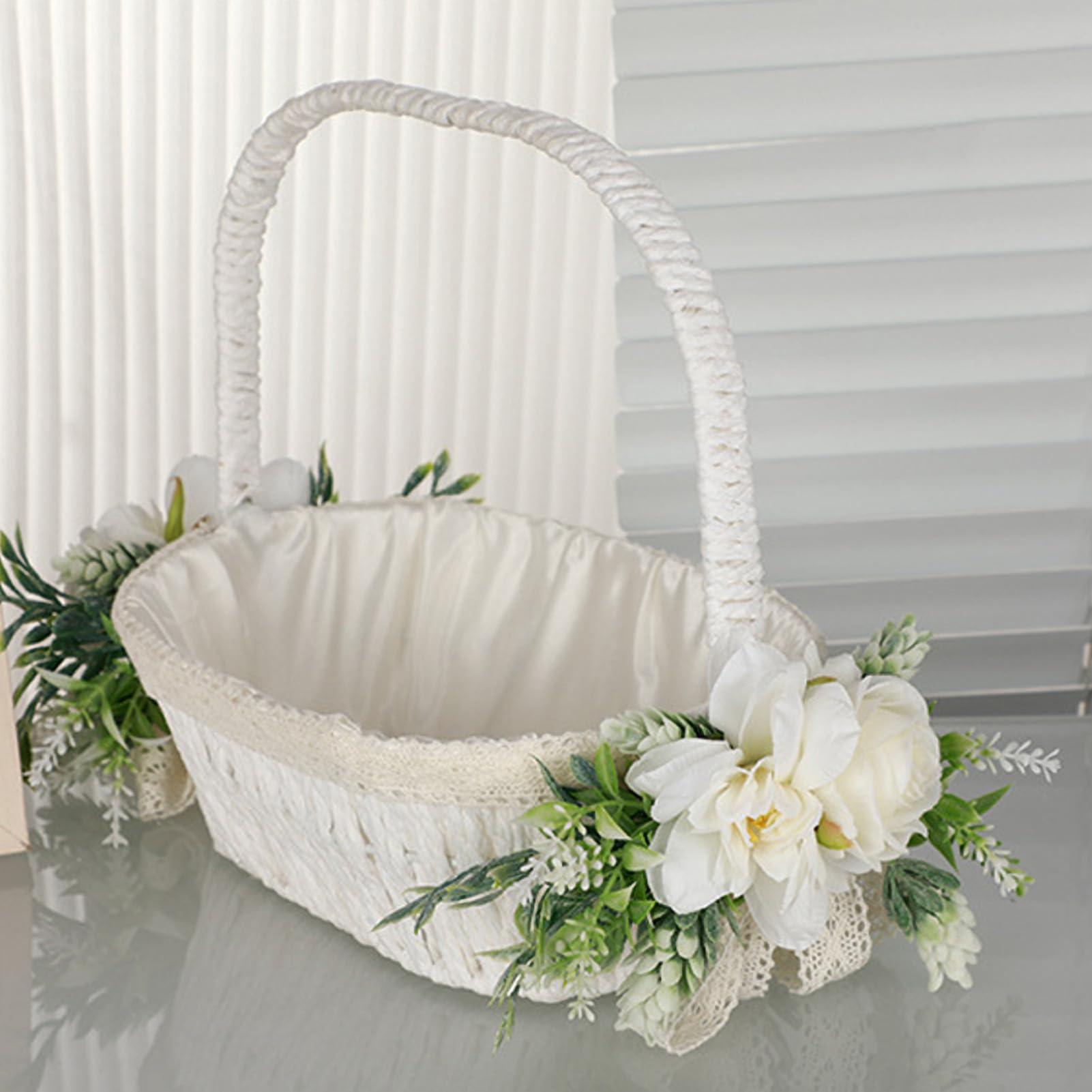 MEUMITY MEUMITY 2Pcs Flower Girl Basket Handmade Rattan Basket with Handle Flower Girl Baskets for Weddings Foldable Handle and Artificial Stain Flower Basket for Wedding Ceremony Party Decoration