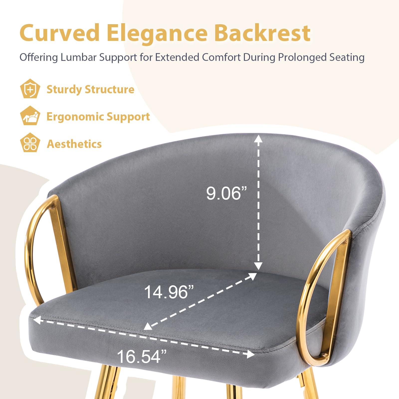 binzida binzida Bar Stools Set of 4, 26 Inch Counter Height Bar Stools Velvet Low Back Chair with Golden Armrest for Kitchen Island/Home Bar/Dining Room (Gray)