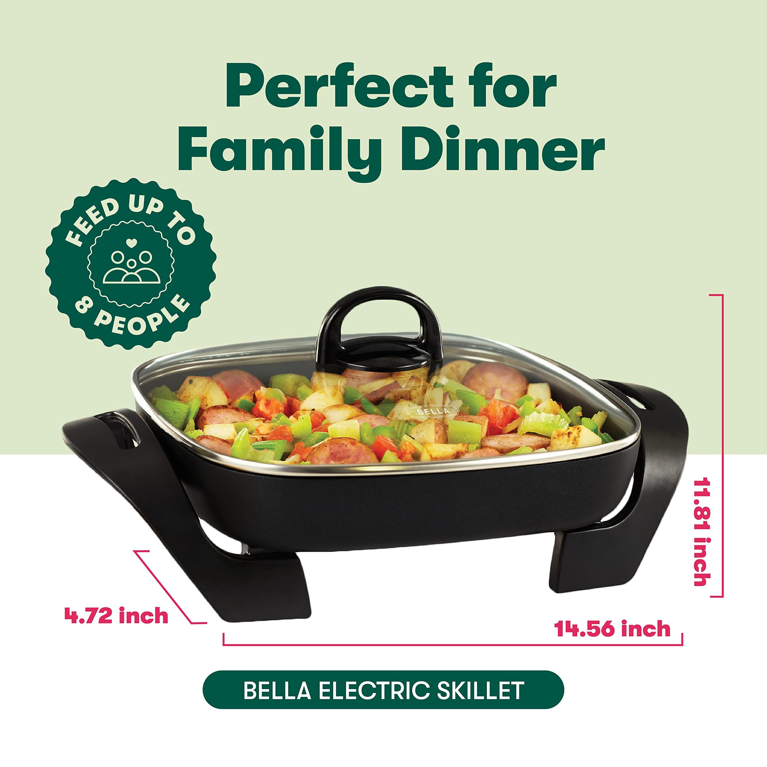 BELLA bella Electric Skillet and Frying Pan with Glass Lid, Nonstick Coating, Cool Touch Handles, Removable Heating Probe, Dishwasher Safe, 12 x 12 inch, Black, PFOA & PTFE Free
