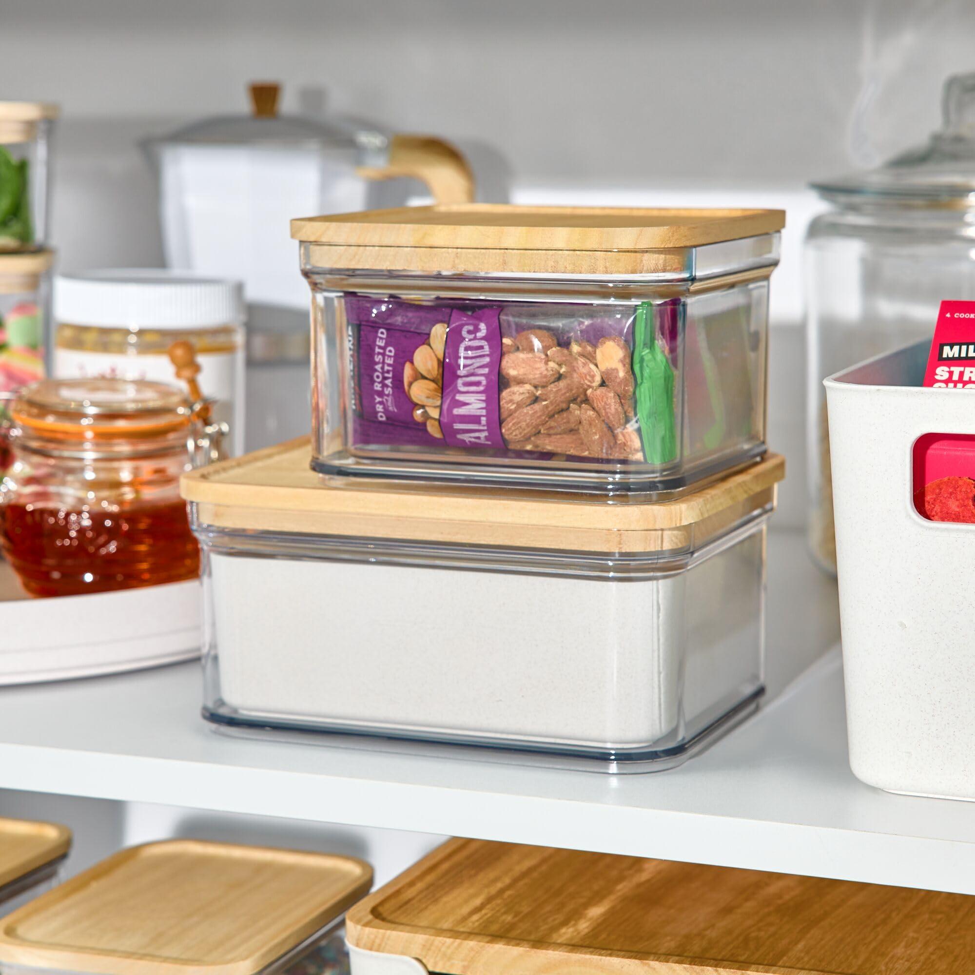 InterDesign iDesign Recycled Plastic Crisp Storage Bin with Lid, The Rosanna Pansino Collection 8.51 L x 8.51 W x 4.13 H, Clear Bin with Natural Wood Lid