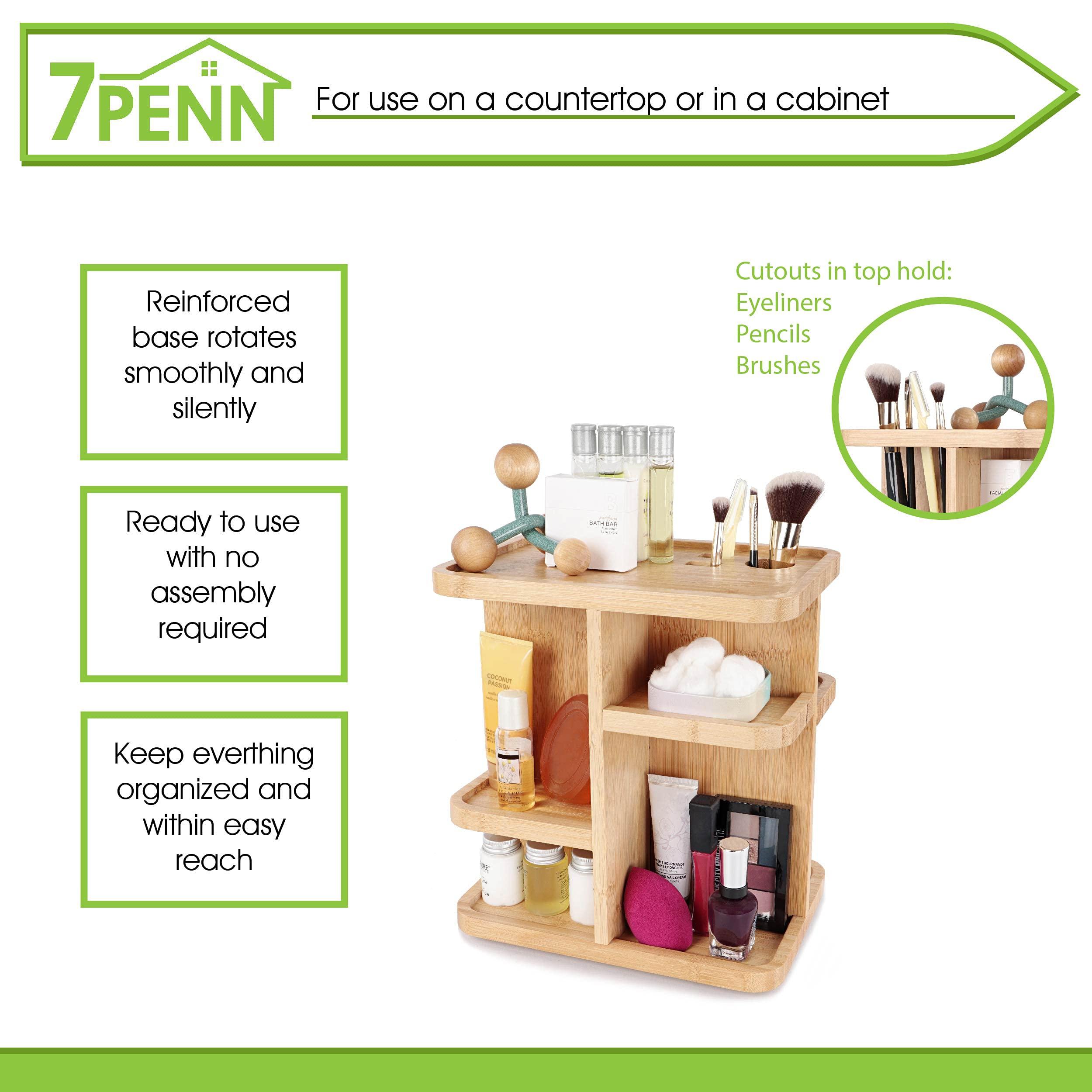 7Penn 7Penn Bathroom Cosmetic Organizer Countertop Rotating Makeup Display - 11in Bamboo Bathroom Tower Shelf 2 Tier Organizer