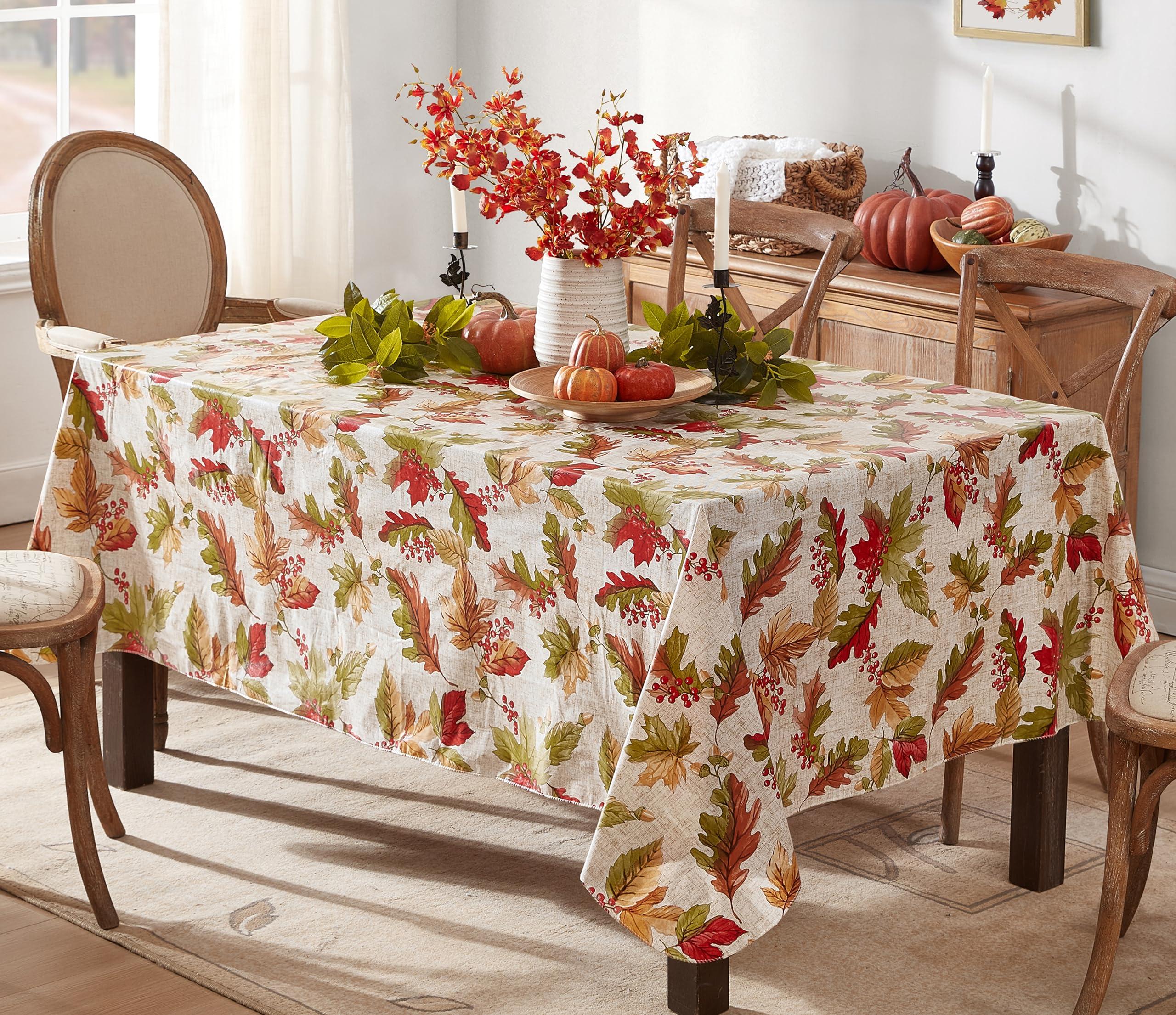 Newbridge Newbridge Rustic Fall Acorn and Leaf Print Autumn Vinyl Flannel Backed Tablecloth, Thanksgiving Autumn Leaves Kitchen Dining Room Vinyl Tablecloth with Flannel Backing, 52\" x 52\" Square