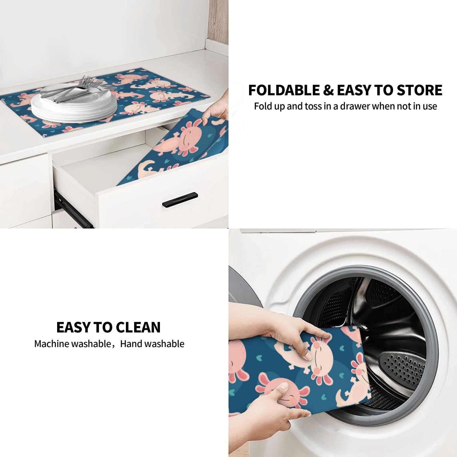 FINOWIN Dish Drying Mat for Kitchen Counter, 18x24 Inch Baby Axolotl Kawaii Dish Drainer Mat, Absorbent Reversible Microfiber XL Dish Drying Rack Pad for Kitchen Accessories