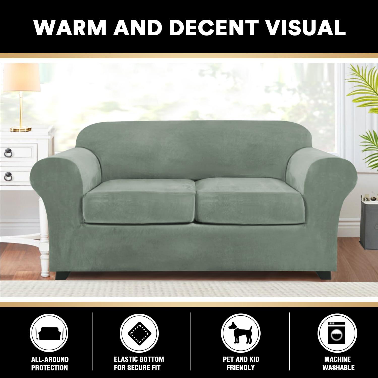 PrinceDeco PrinceDeco 3 Pieces Couch Covers Soft Velvet Couch Covers for 2 Cushion Sofa Loveseat Covers Width Up to 72 Inch Anti Slip Love Seat Furniture Protector, Machine Washable(Medium, Seagrass)