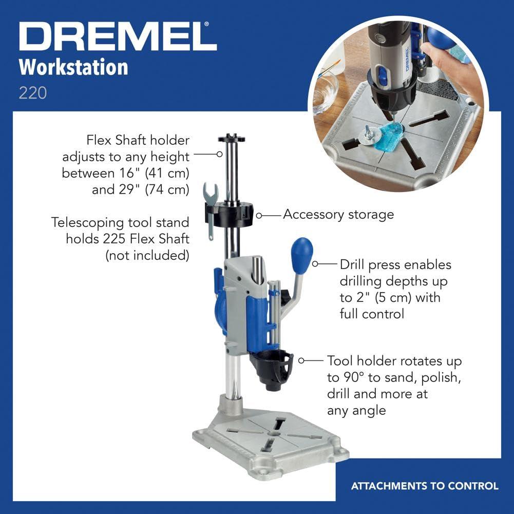 Dremel Dremel Drill Press Rotary Tool Workstation Stand with Wrench - Mini Portable Press & Tool Holder - 2 Inch Depth- Ideal for Drilling Perpendicular and Angled Holes - 220-01